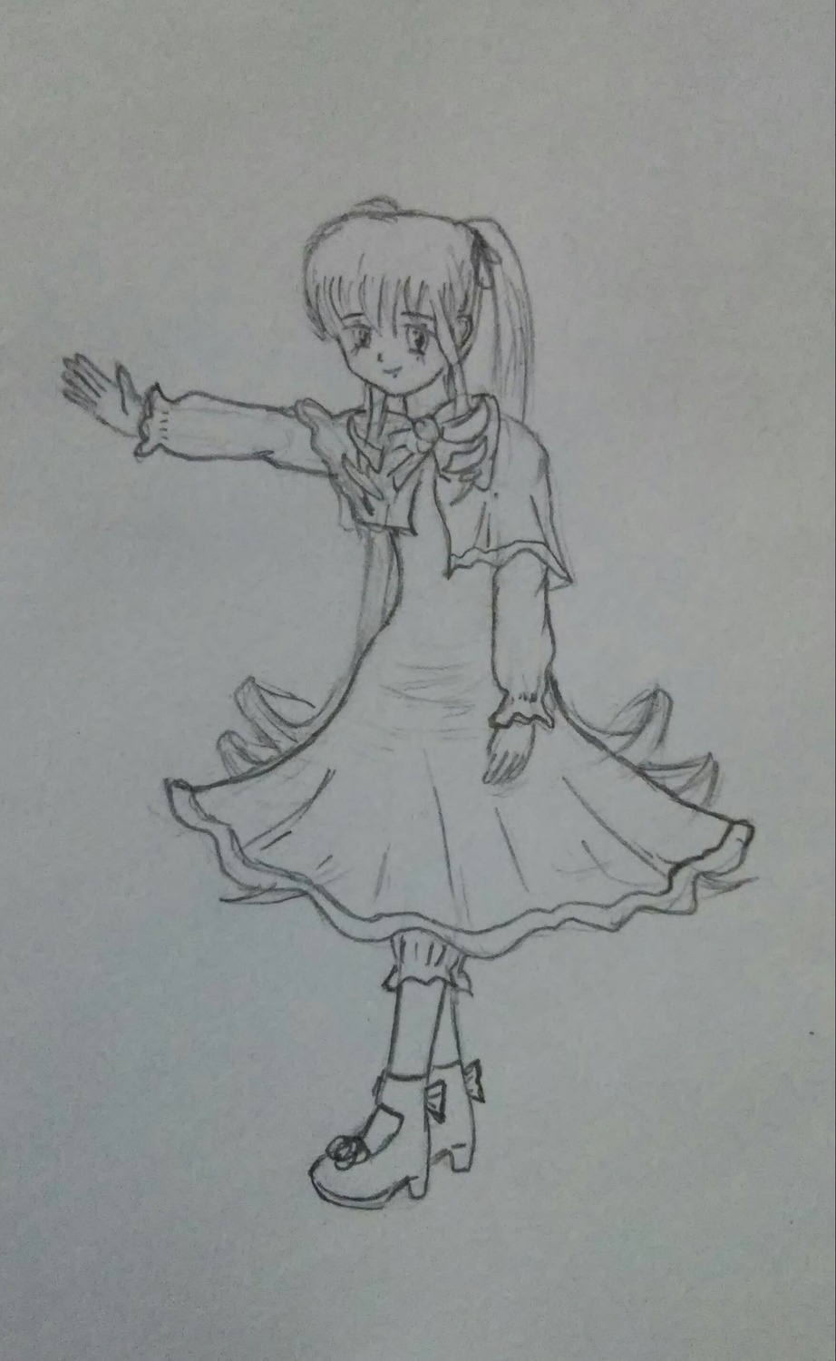 1girl boots closed_eyes dress full_body greyscale image long_hair long_sleeves monochrome ponytail shinku simple_background solo standing traditional_media