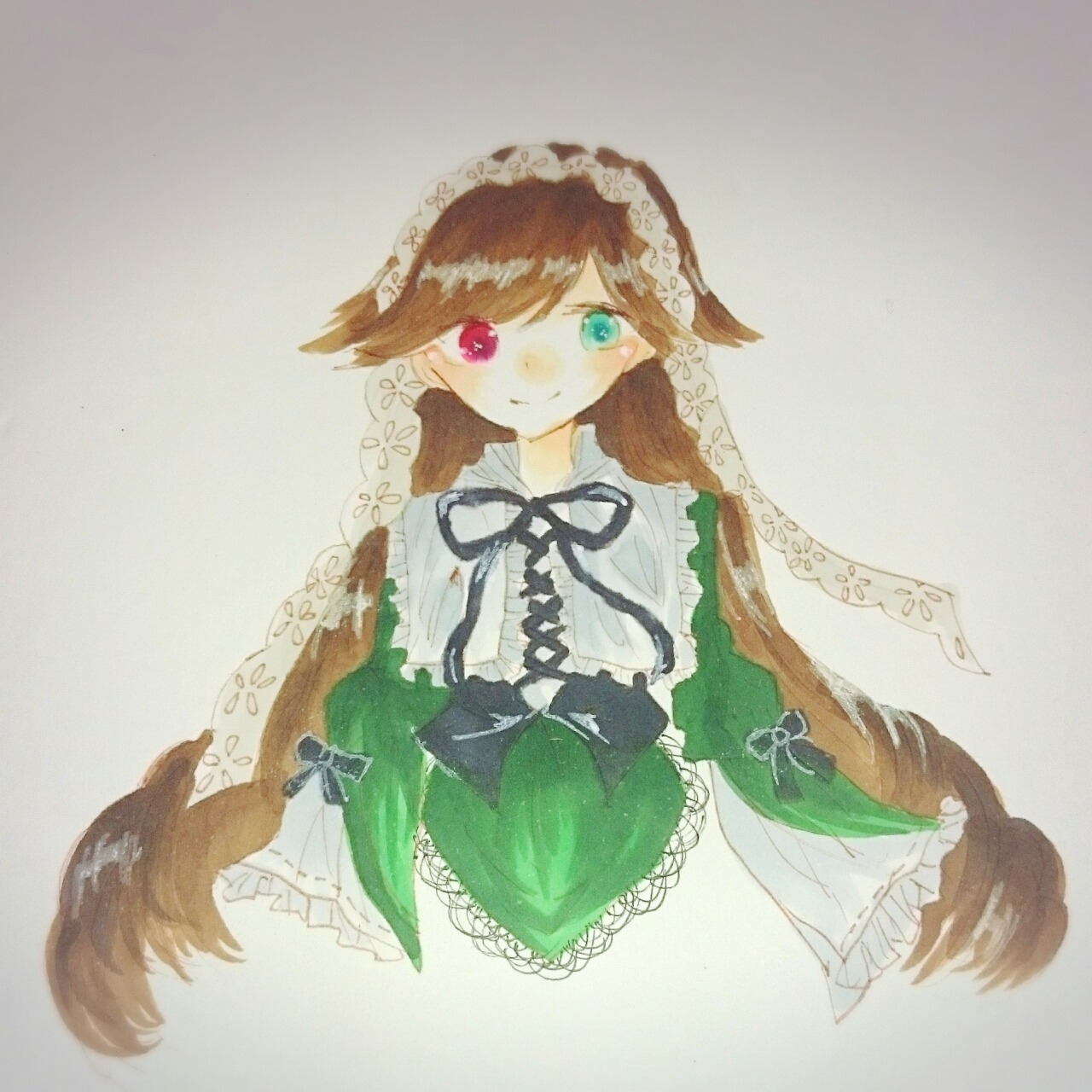 1girl brown_hair dress frills heterochromia image long_hair long_sleeves looking_at_viewer red_eyes solo suiseiseki tail very_long_hair