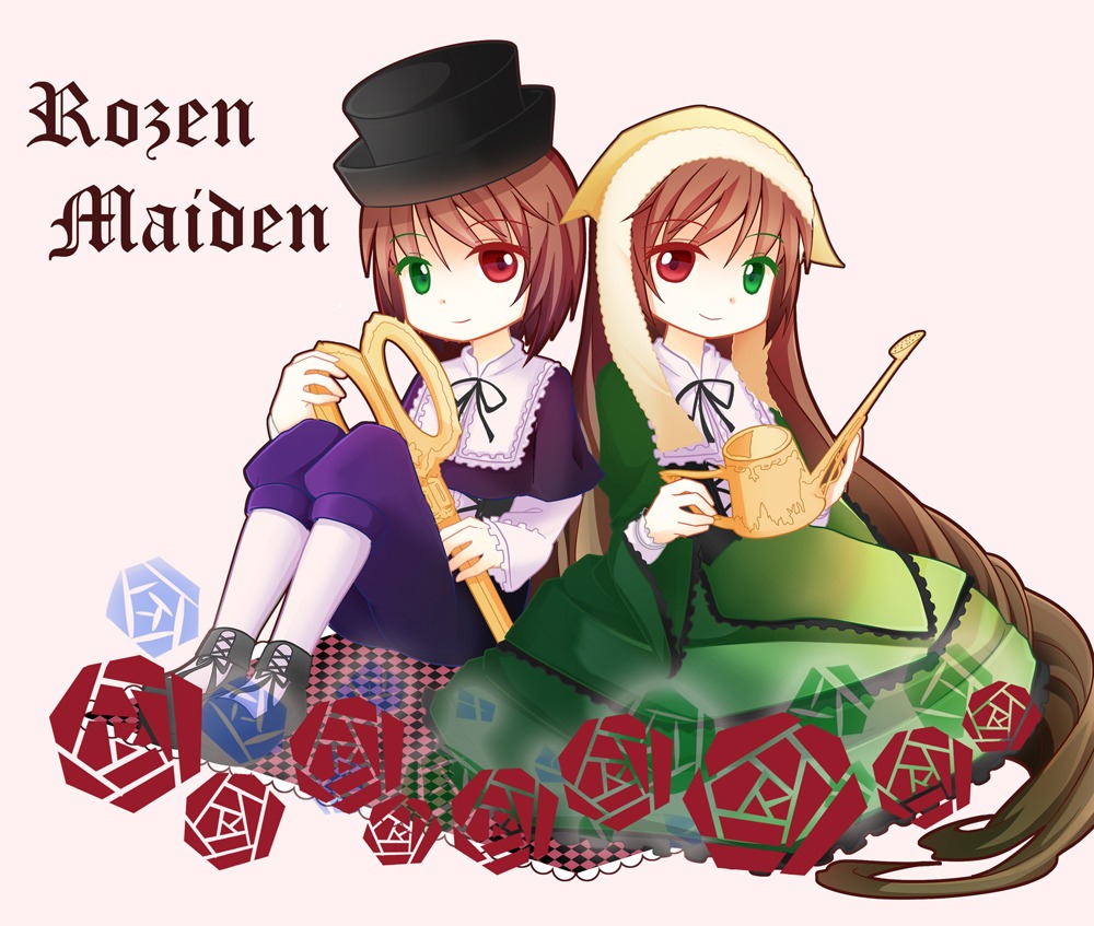 2girls auto_tagged blue_dress brown_hair dress full_body green_dress green_eyes hat head_scarf heterochromia holding image long_hair long_sleeves looking_at_viewer multiple_girls pair red_eyes short_hair siblings sisters smile souseiseki suiseiseki twins very_long_hair watering_can