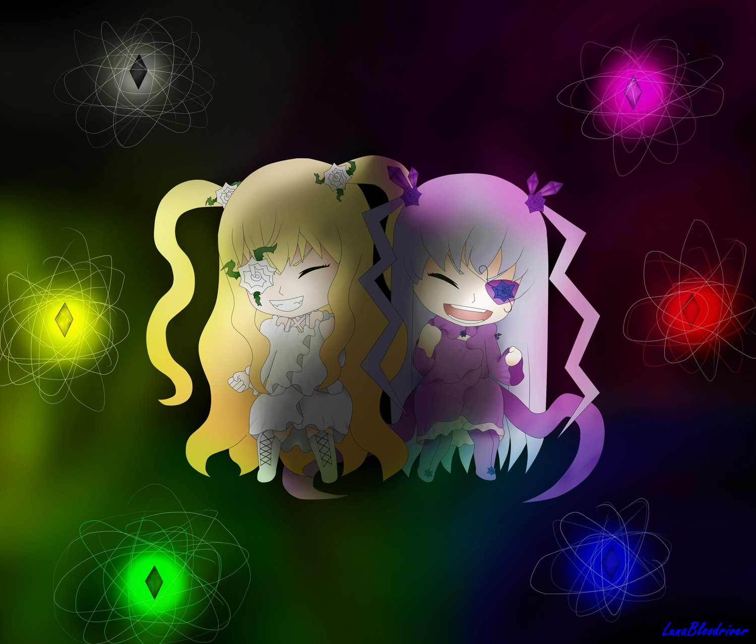 2girls barasuishou blonde_hair closed_eyes dress flower grin hair_ornament image kirakishou long_hair magic_circle multiple_girls pair rose smile teeth twintails