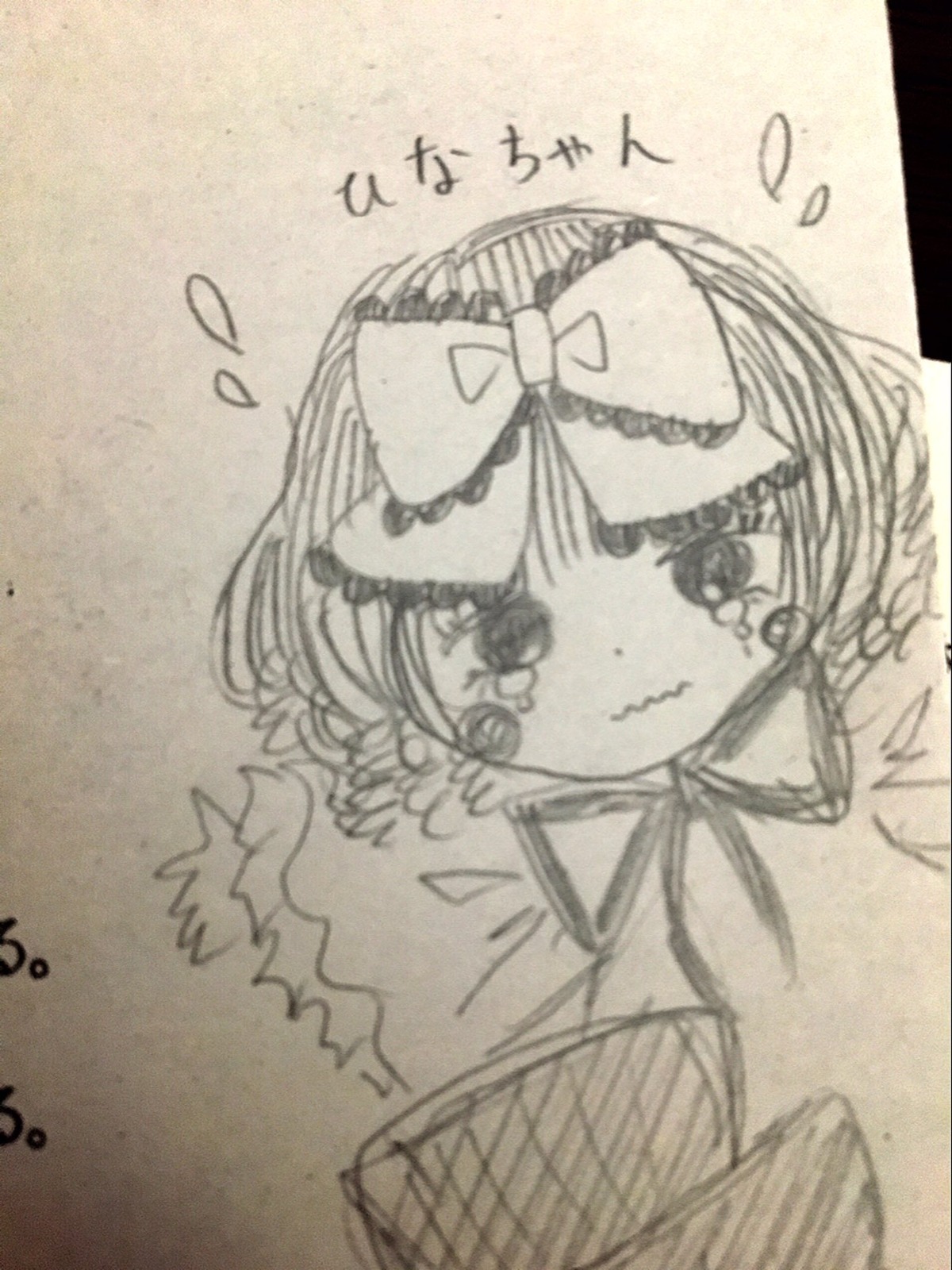 1girl bow flying_sweatdrops hair_bow hinaichigo image monochrome solo tears traditional_media upper_body
