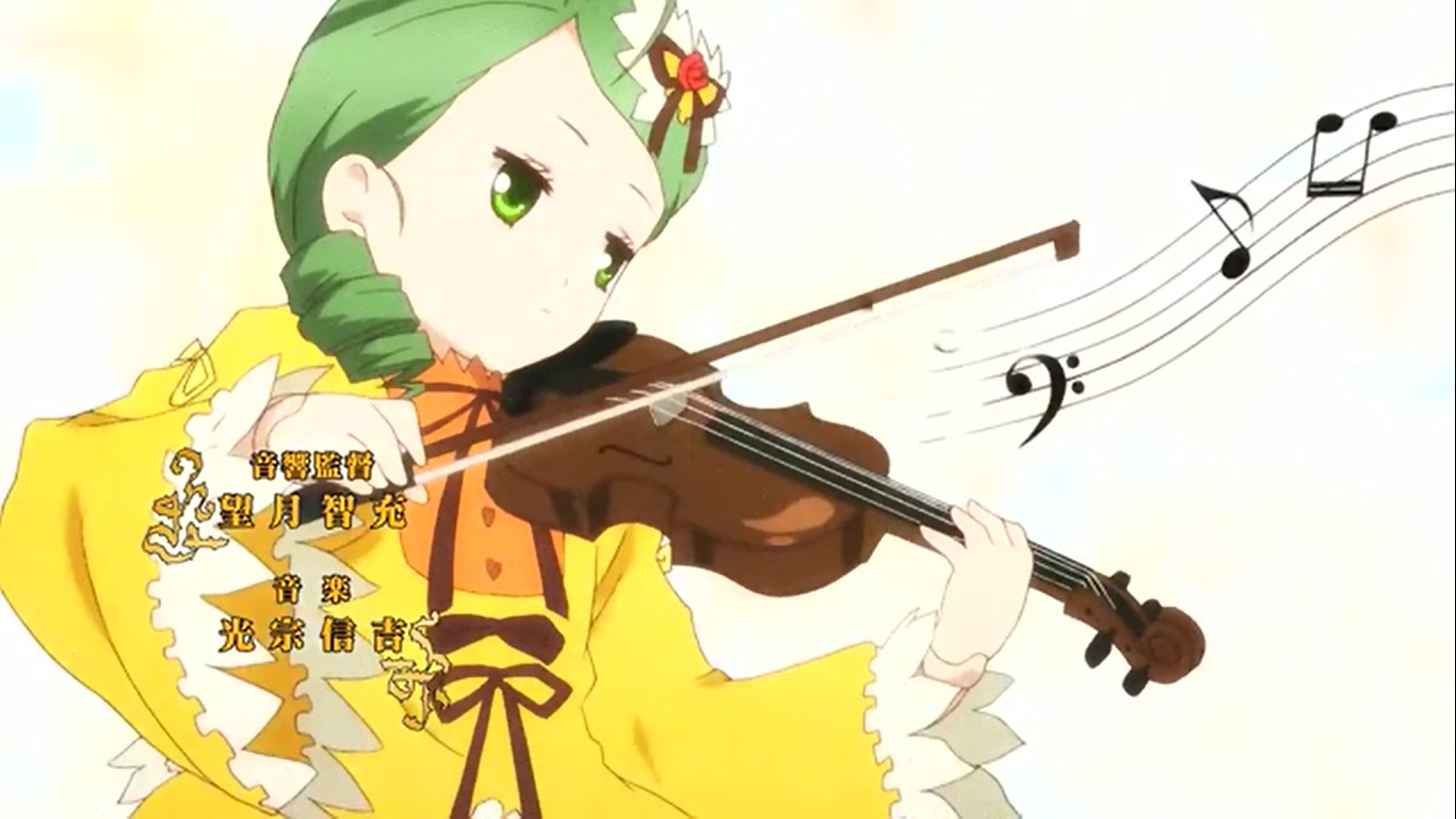 1girl acoustic_guitar beamed_eighth_notes beamed_sixteenth_notes bow_(instrument) dress drill_hair eighth_note flower green_eyes green_hair guitar hair_ornament holding_instrument image instrument kanaria long_sleeves music musical_note playing_instrument plectrum quarter_note ribbon solo spoken_musical_note staff_(music) treble_clef violin yellow_dress