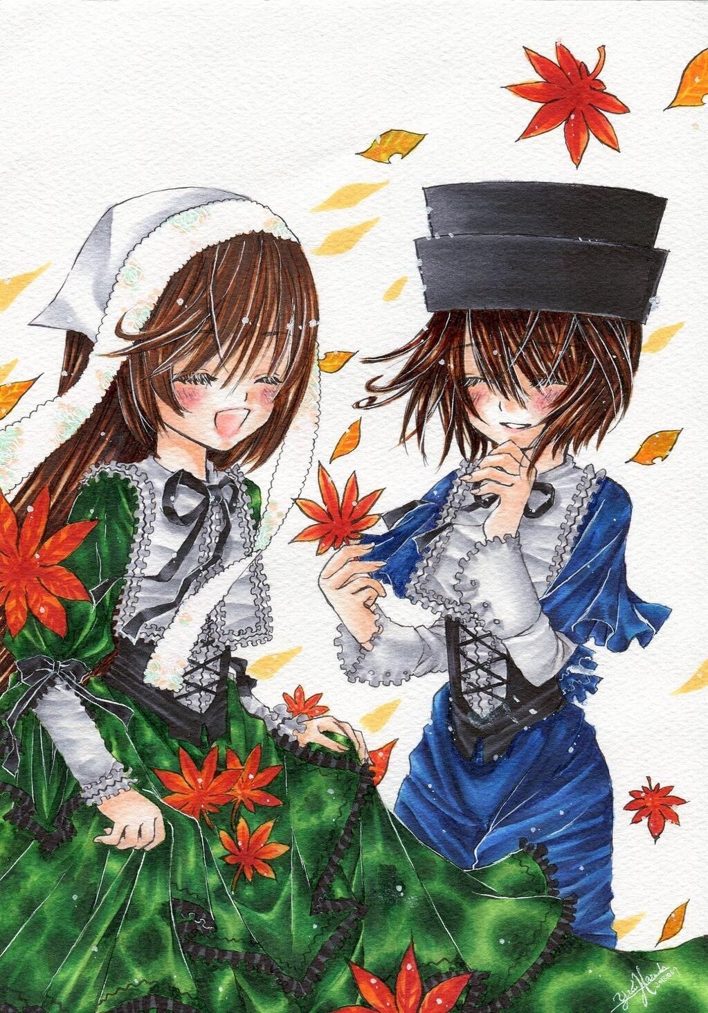 2girls aki_shizuha anger_vein autumn autumn_leaves blush brown_hair closed_eyes dress falling_leaves frills hat holding_leaf image leaf leaf_hair_ornament long_hair long_sleeves maple_leaf marker_(medium) multiple_girls open_mouth pair pastel_(medium) short_hair siblings sisters smile souseiseki suiseiseki traditional_media watercolor_(medium)