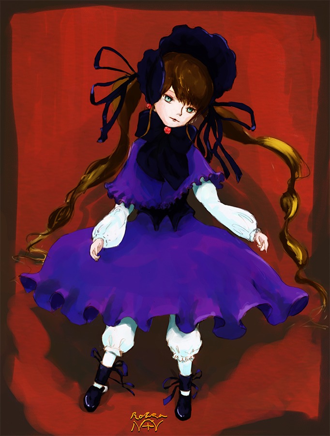 1girl bonnet border brooch brown_hair cape capelet costume_switch dress frills full_body green_eyes image jewelry long_hair long_sleeves pantyhose ribbon shoes solo standing white_legwear