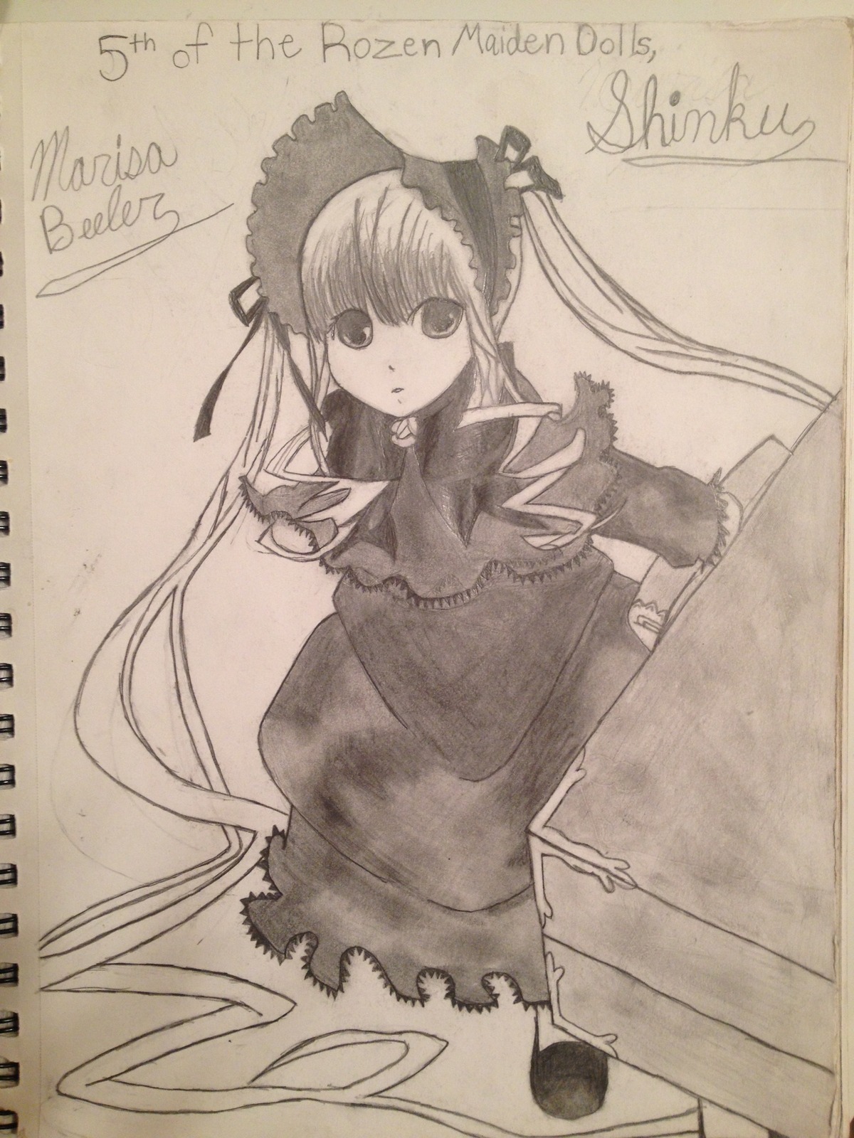 1girl bonnet dress frills image long_hair long_sleeves looking_at_viewer monochrome photo shinku simple_background sitting solo twintails very_long_hair