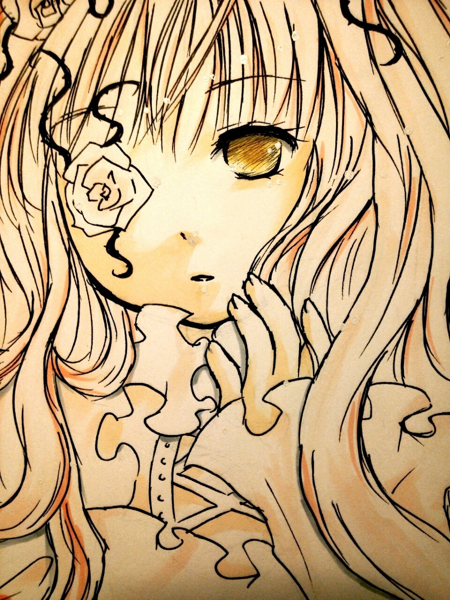 1girl bangs flower frills image kirakishou long_hair looking_at_viewer monochrome parted_lips rose simple_background solo traditional_media