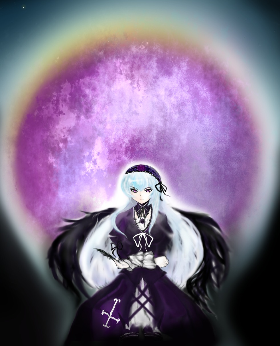 1girl black_wings dress flower frills hairband image long_hair long_sleeves looking_at_viewer moon silver_hair solo suigintou very_long_hair wings