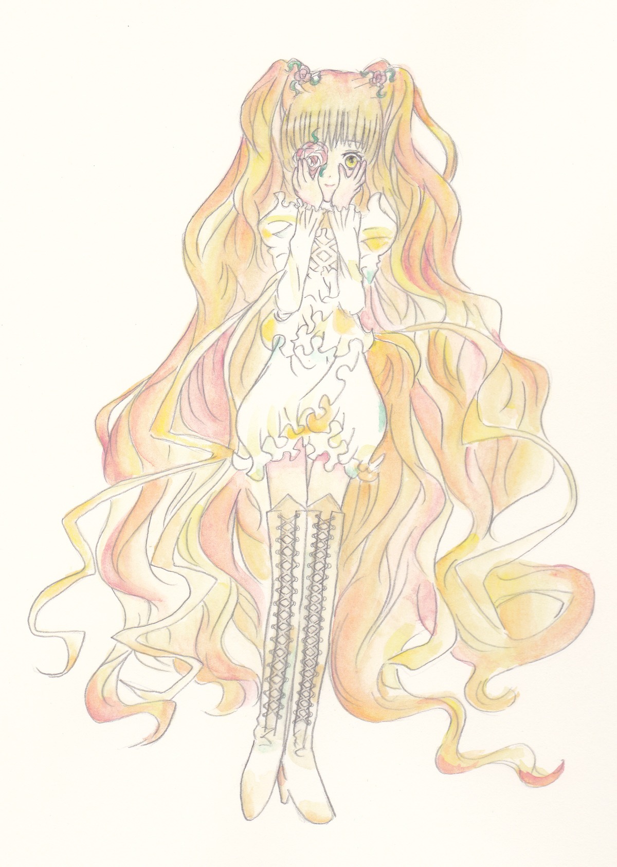 1girl blonde_hair boots bow dress flower gradient_hair image kirakishou knee_boots long_hair magical_girl multicolored_hair pink_hair solo striped striped_background thigh_boots thighhighs vertical_stripes very_long_hair yellow_eyes