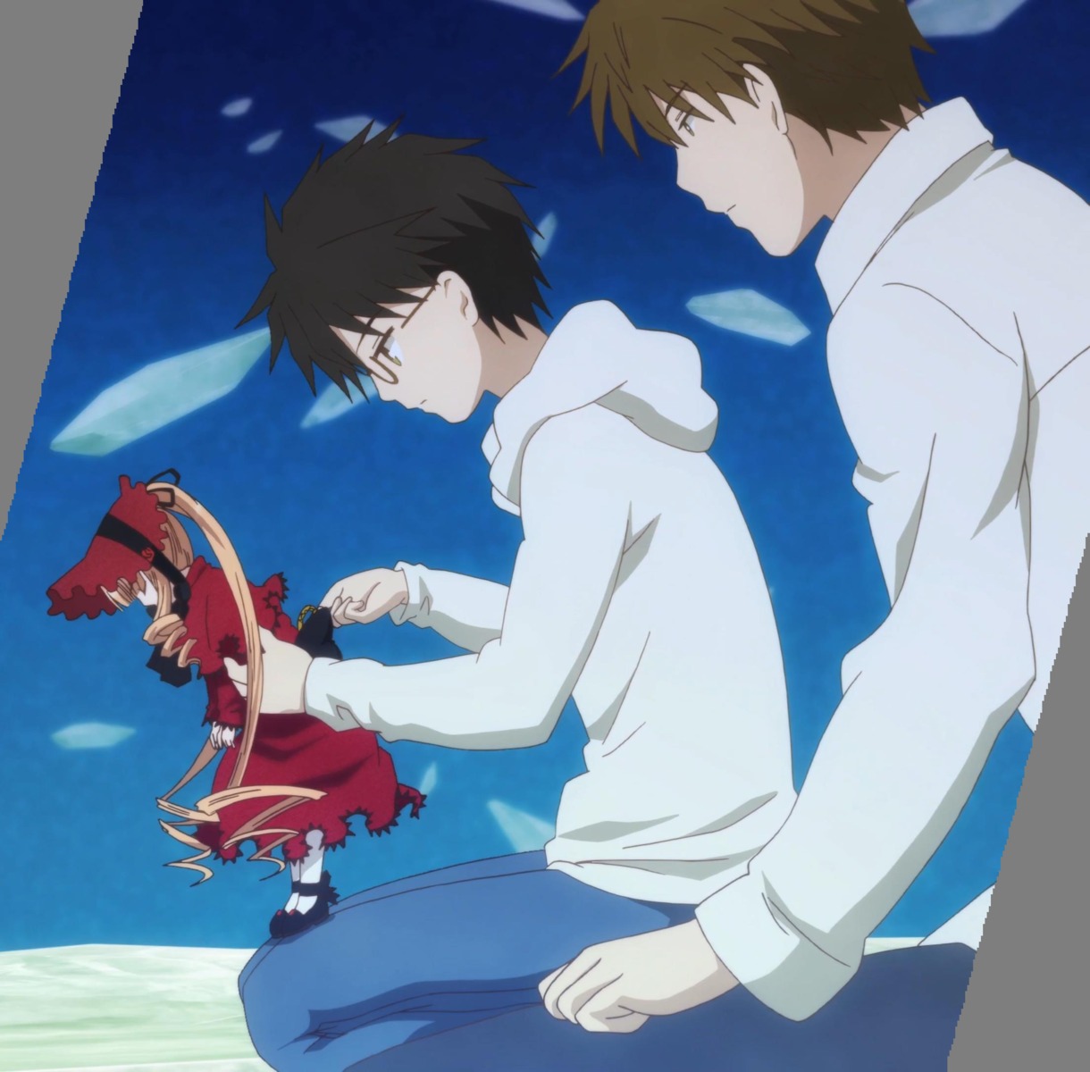 1girl 2boys black_hair brown_hair glasses hood image long_sleeves multiple_boys shinku sky solo