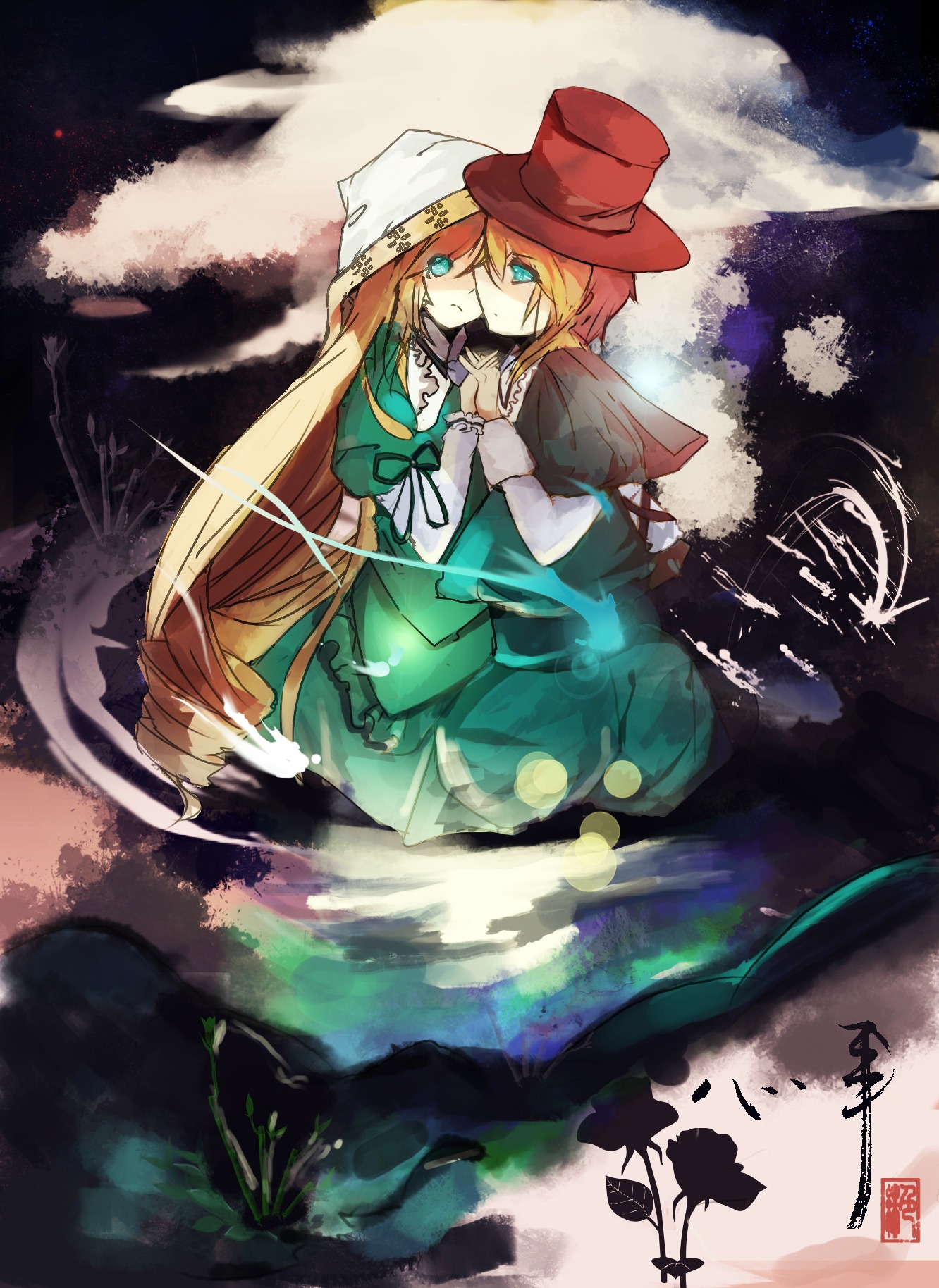 2girls blonde_hair blue_eyes cloud dress green_dress green_eyes hair_over_one_eye hat holding_hands image long_hair long_sleeves multiple_girls pair souseiseki suiseiseki very_long_hair water