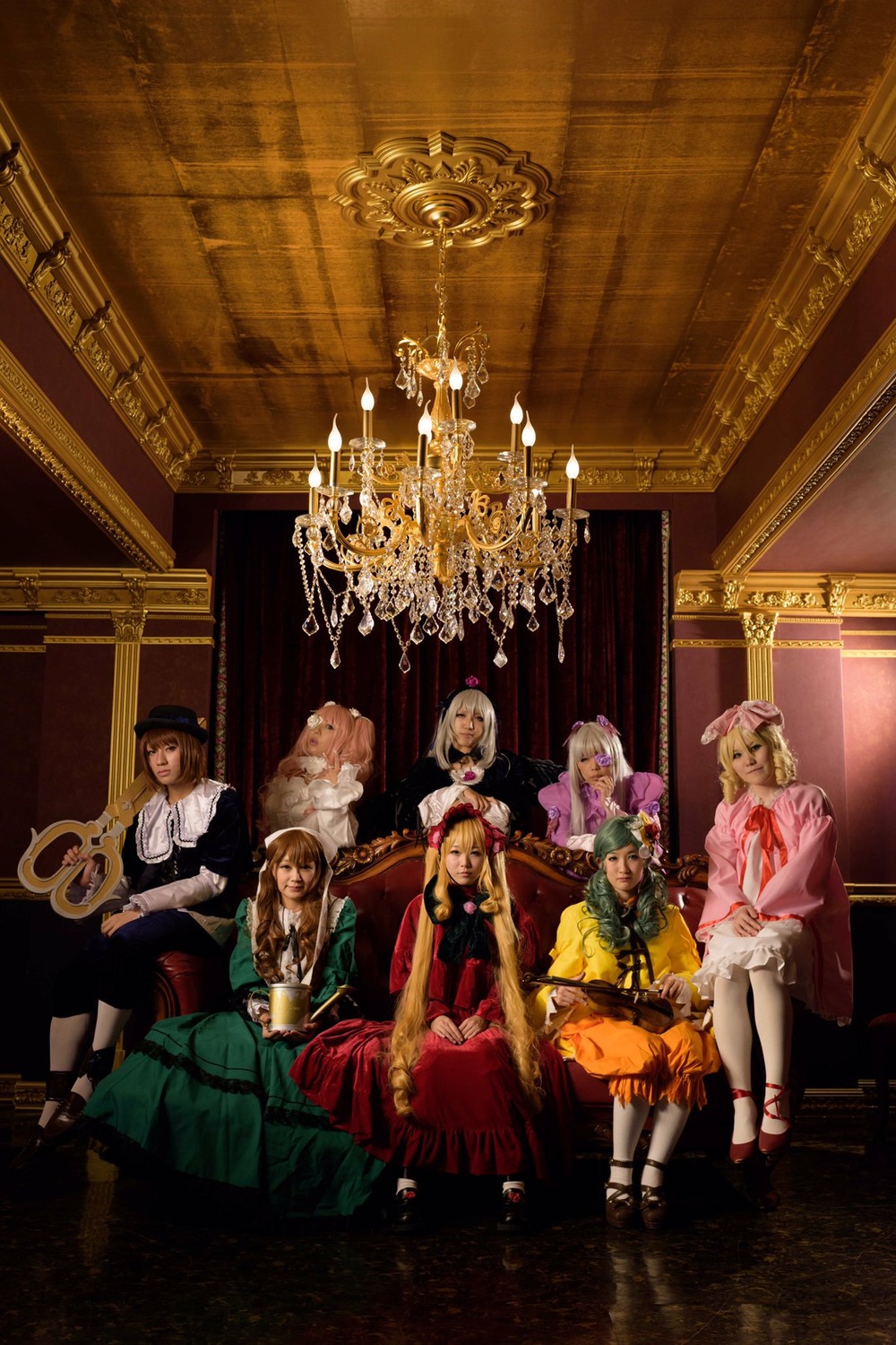 6+girls animal_ears blonde_hair brown_hair dress gloves hair_ornament hat long_hair multiple_cosplay multiple_girls short_hair sitting tagme