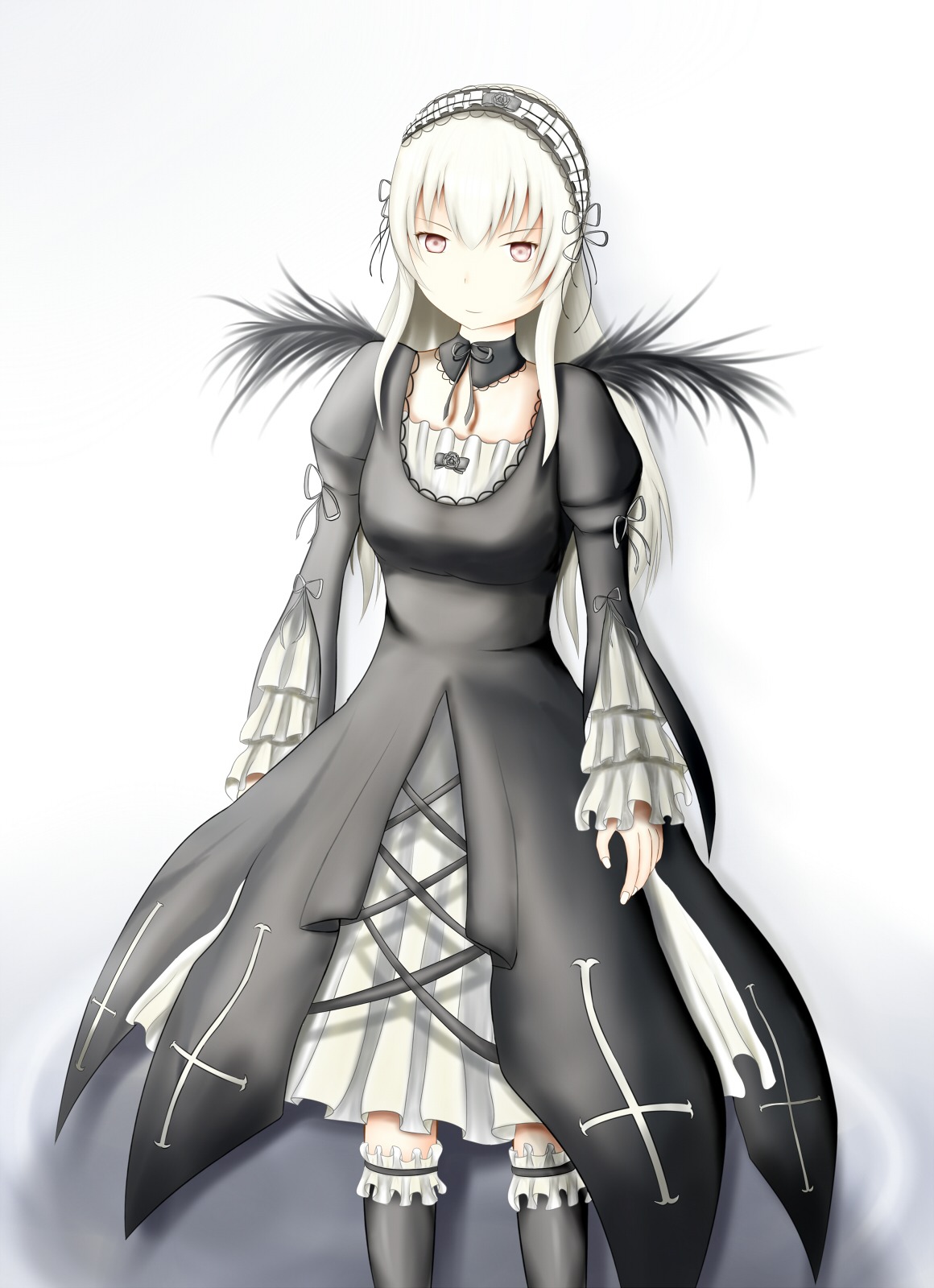 1girl black_legwear closed_mouth dress frills gradient gradient_background hairband image juliet_sleeves long_hair long_sleeves looking_at_viewer puffy_sleeves solo standing suigintou white_background wings