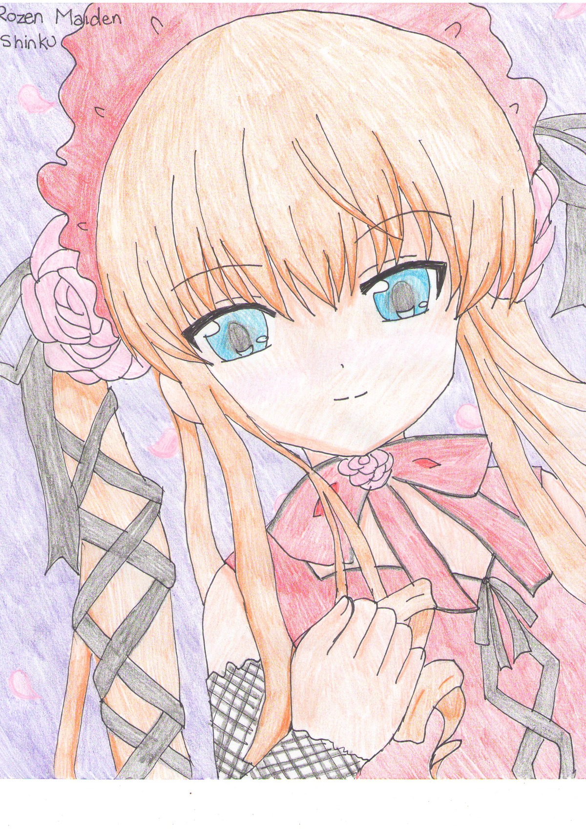1girl artist_name blonde_hair blue_eyes colored_pencil_(medium) eyebrows_visible_through_hair flower graphite_(medium) hair_flower image long_hair looking_at_viewer marker_(medium) millipen_(medium) petals pink_flower pink_rose ribbon rose shinku smile solo traditional_media watercolor_(medium)