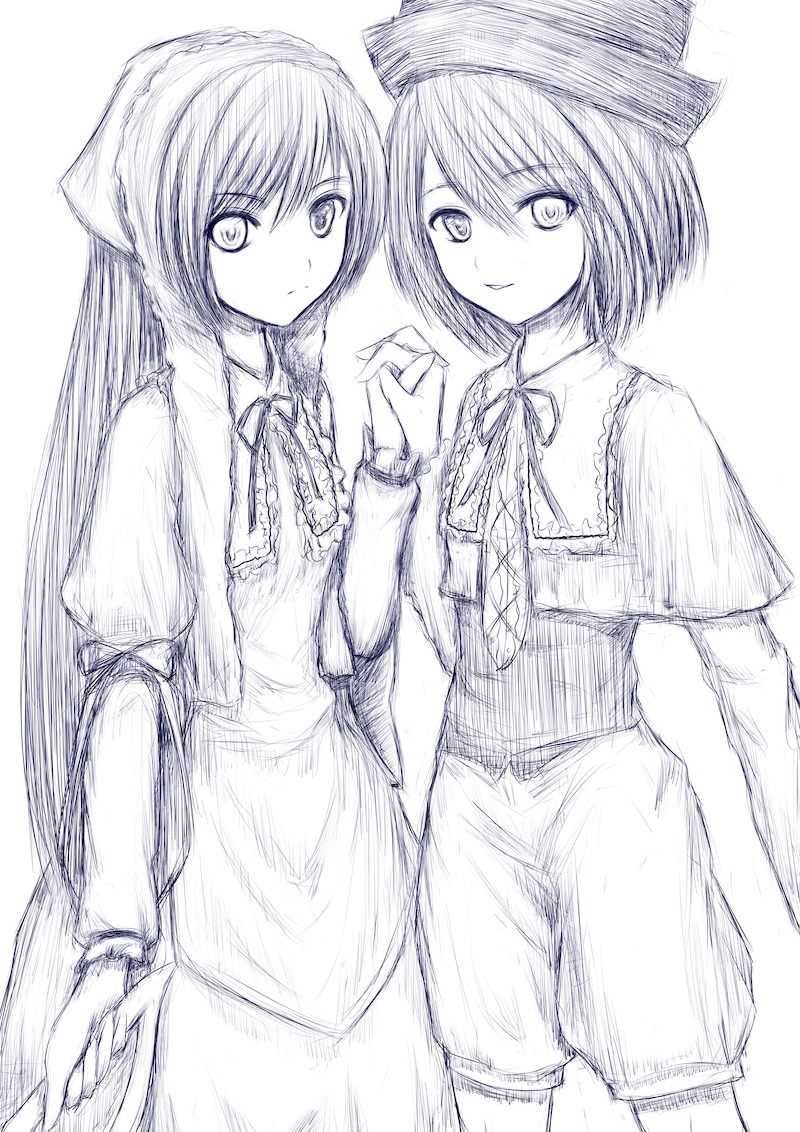 2girls bloomers capelet dress hat holding_hands image long_hair long_sleeves looking_at_viewer monochrome multiple_girls neck_ribbon pair ribbon short_hair smile souseiseki suiseiseki