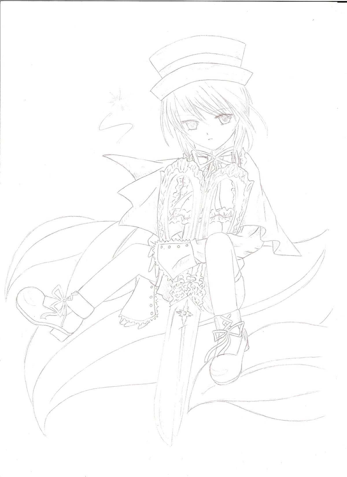 1girl boots cape frills full_body gloves greyscale hat image lineart long_sleeves monochrome sitting solo souseiseki striped top_hat vertical_stripes
