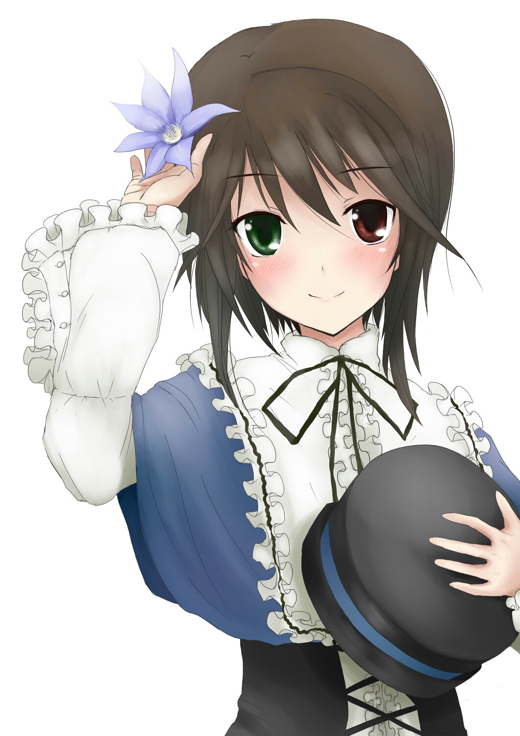 auto_tagged blush brown_hair flower frills green_eyes hat hat_removed headwear_removed heterochromia holding_clothes holding_hat image ribbon short_hair smile solo souseiseki striped striped_background top_hat vertical_stripes