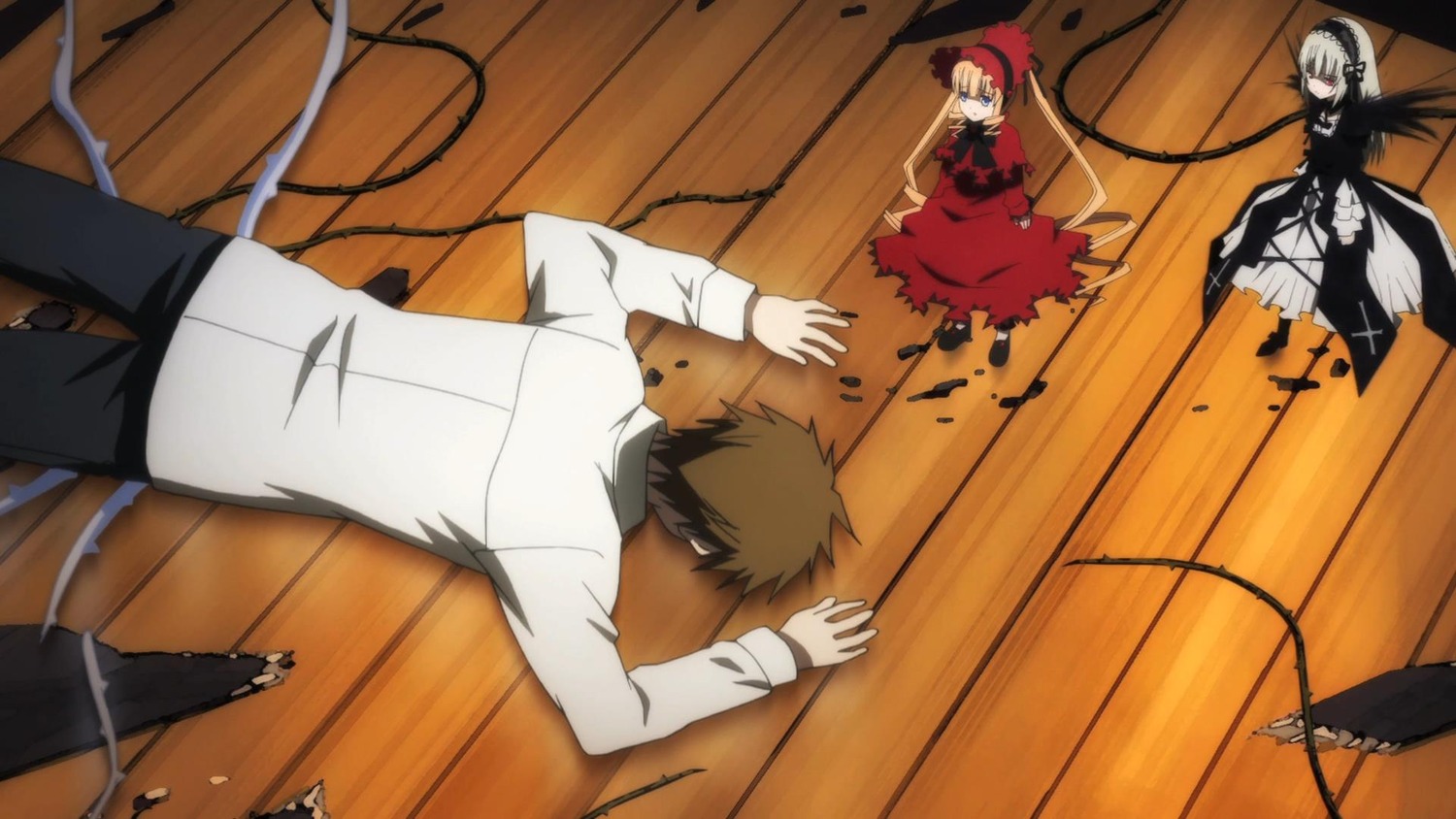2boys blonde_hair brown_hair dress floor hat multiple_boys multiple_girls short_hair silver_hair wooden_floor