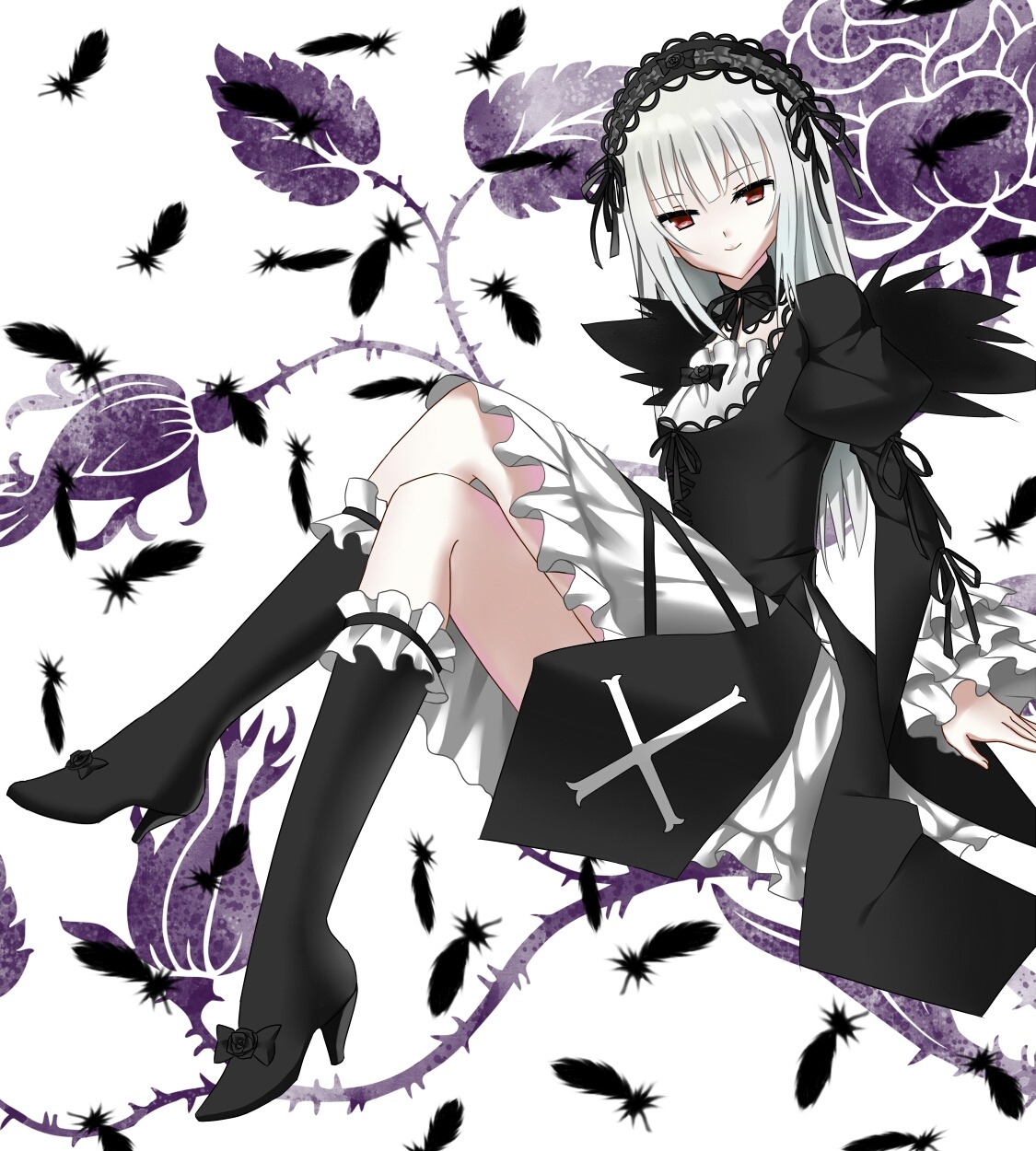1girl bangs black_feathers black_ribbon black_wings boots dress feathers frills hairband high_heel_boots high_heels image kneehighs lolita_hairband long_hair long_sleeves looking_at_viewer puffy_sleeves red_eyes silver_hair solo suigintou wings