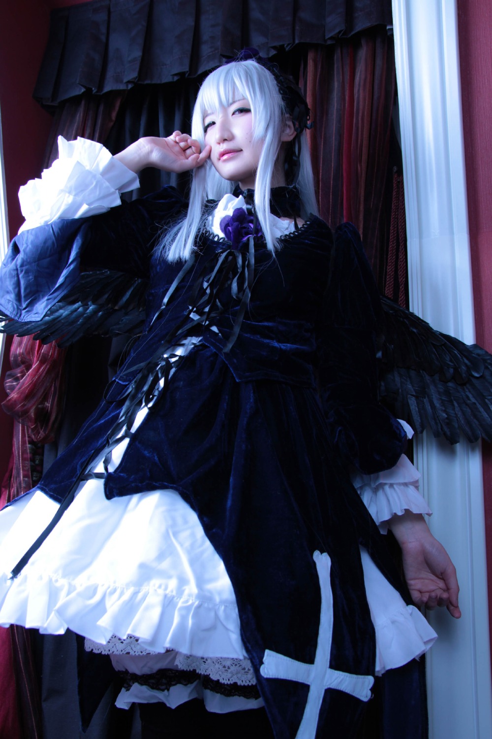 1girl bangs black_dress black_legwear closed_eyes curtains dress frills gothic gothic_lolita indoors lace lace-trimmed_dress lolita_fashion long_hair long_sleeves sitting solo suigintou white_hair window