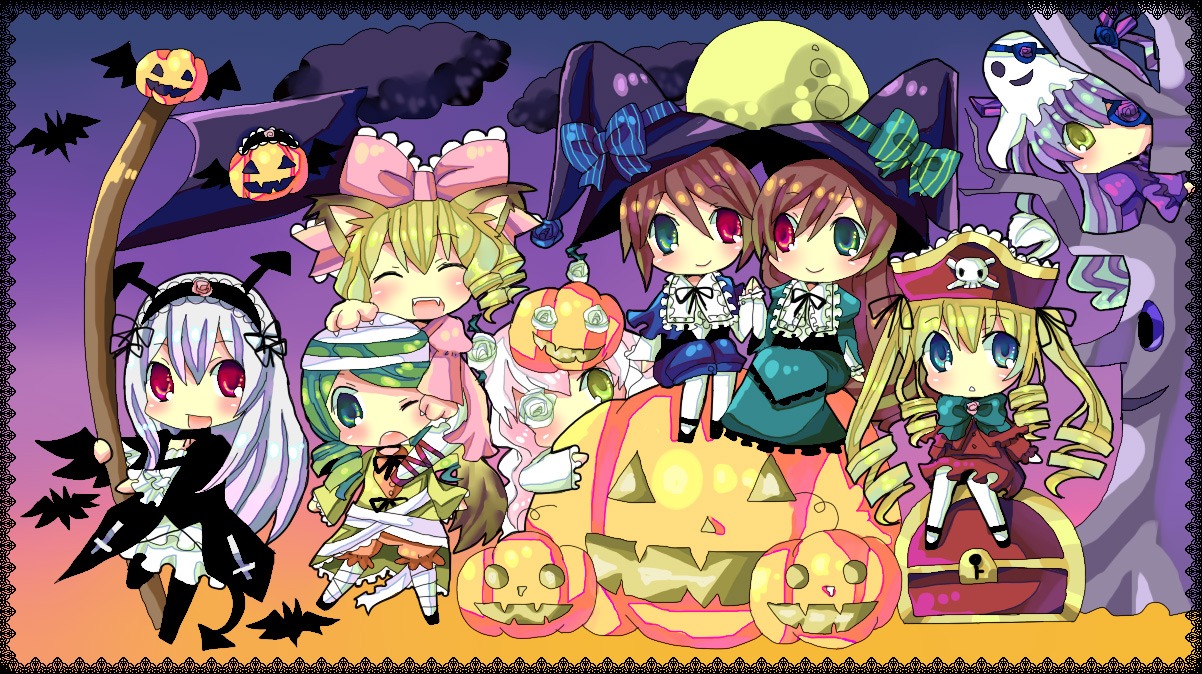 6+girls animal_ears bat blonde_hair blue_eyes brown_hair cat_ears dress drill_hair ghost green_eyes halloween hat hina_ichigo image jack-o'-lantern kanaria long_hair multiple multiple_girls pink_bow pumpkin red_eyes shinku silver_hair smile souseiseki suigintou suiseiseki tagme top_hat twins twintails very_long_hair wings witch_hat