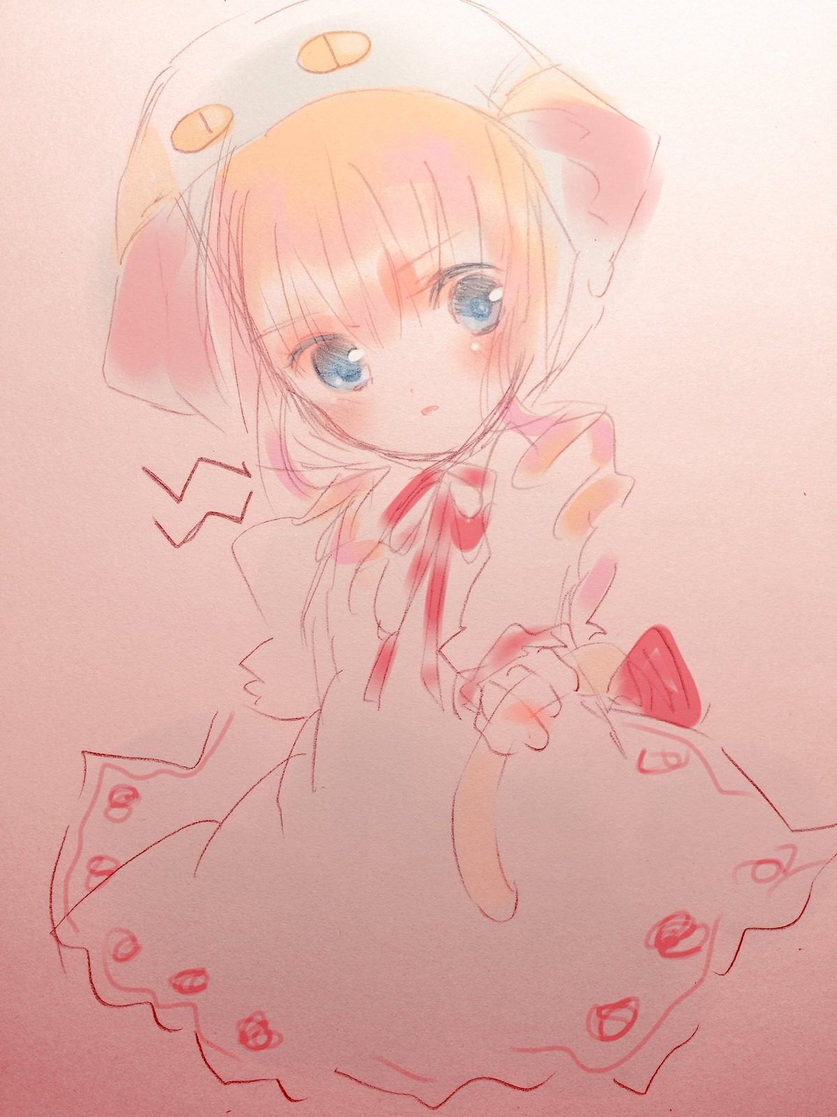 1girl animal_hat bangs blue_eyes blush bow dress eyebrows_visible_through_hair hair_between_eyes image parted_lips puffy_short_sleeves puffy_sleeves ribbon shinku short_sleeves solo traditional_media