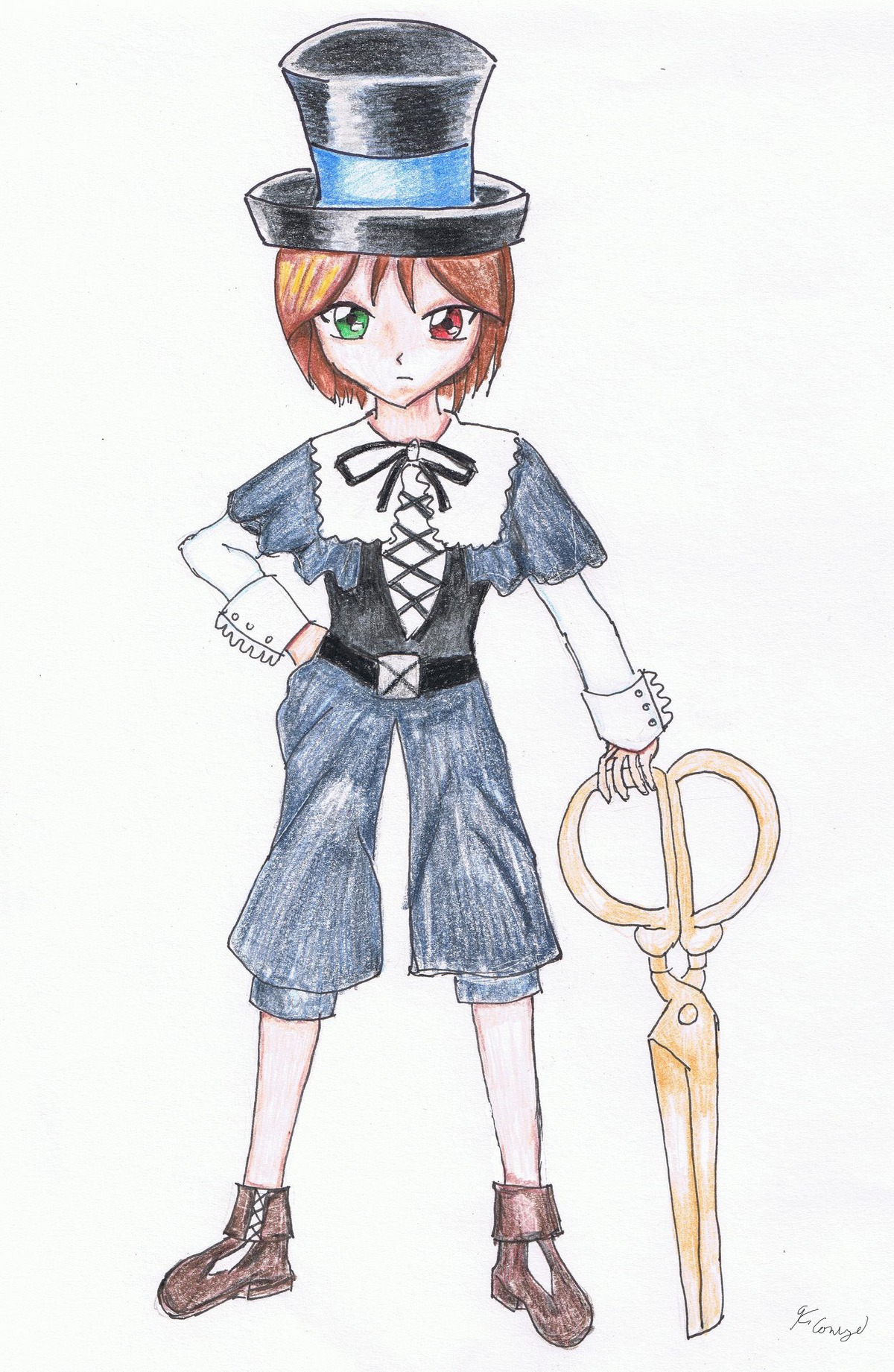 1girl brown_footwear brown_hair full_body green_eyes hand_on_hip hat heterochromia image long_sleeves red_eyes short_hair shorts solo souseiseki standing top_hat
