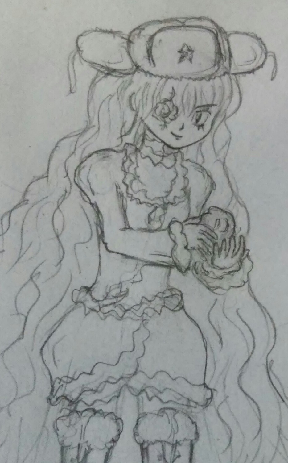 1girl bare_shoulders dress frills greyscale hat image kirakishou long_hair monochrome sketch smile solo traditional_media very_long_hair