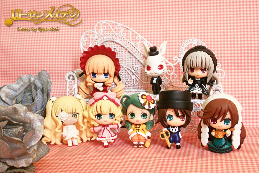 6+girls blonde_hair blue_eyes bow brown_hair chibi doll dress drill_hair green_eyes hat heterochromia hina_ichigo kanaria long_sleeves multiple_dolls multiple_girls pink_bow polka_dot polka_dot_background red_eyes rose shinku silver_hair souseiseki suigintou suiseiseki tagme