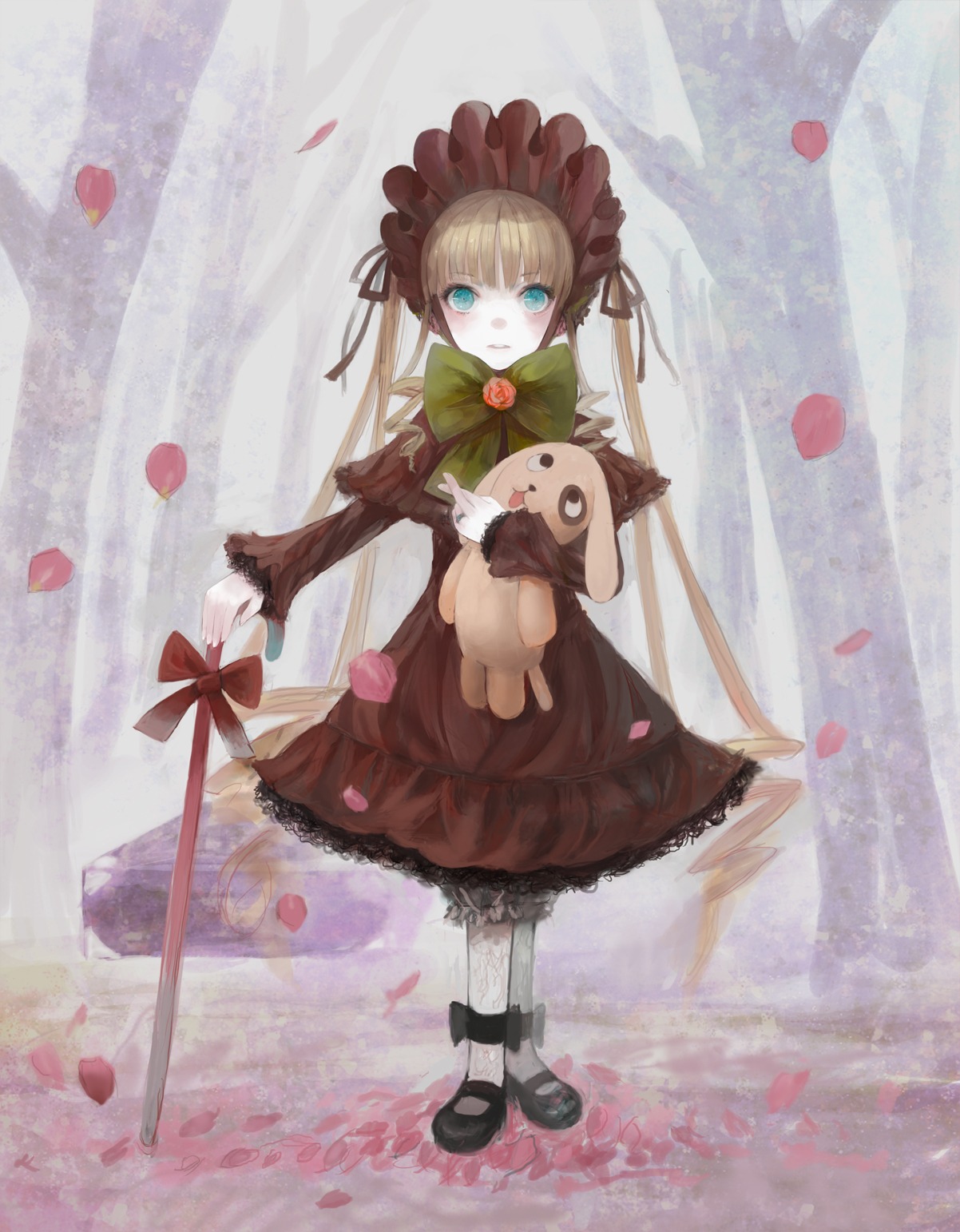 1girl bad_id bad_pixiv_id blonde_hair bloomers blue_eyes bonnet bow cane curtains dress flower gothic_lolita highres image jasmine_(jasco) kunkun lolita_fashion long_hair mary_janes petals rose_petals rozen_maiden shinku shoes solo stuffed_animal stuffed_dog