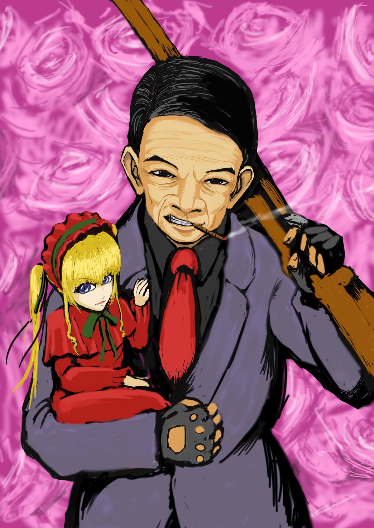 1boy 1girl black_hair blonde_hair blue_eyes bonnet dress facial_hair gun image long_hair necktie red_dress rose shinku sitting solo twintails