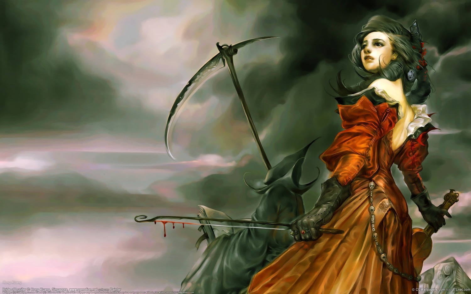 1girl arrow_(projectile) bare_shoulders bow_(weapon) cloud dress gloves image kanaria lips realistic sky solo weapon
