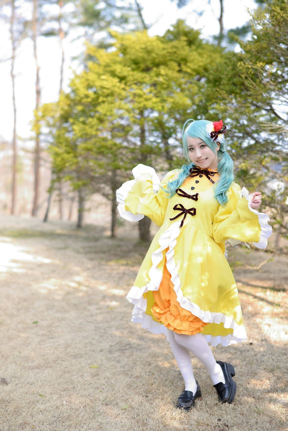 1girl black_footwear blurry day depth_of_field dress frills full_body kanaria long_hair long_sleeves outdoors pantyhose photo shoes solo standing white_legwear wide_sleeves yellow_dress
