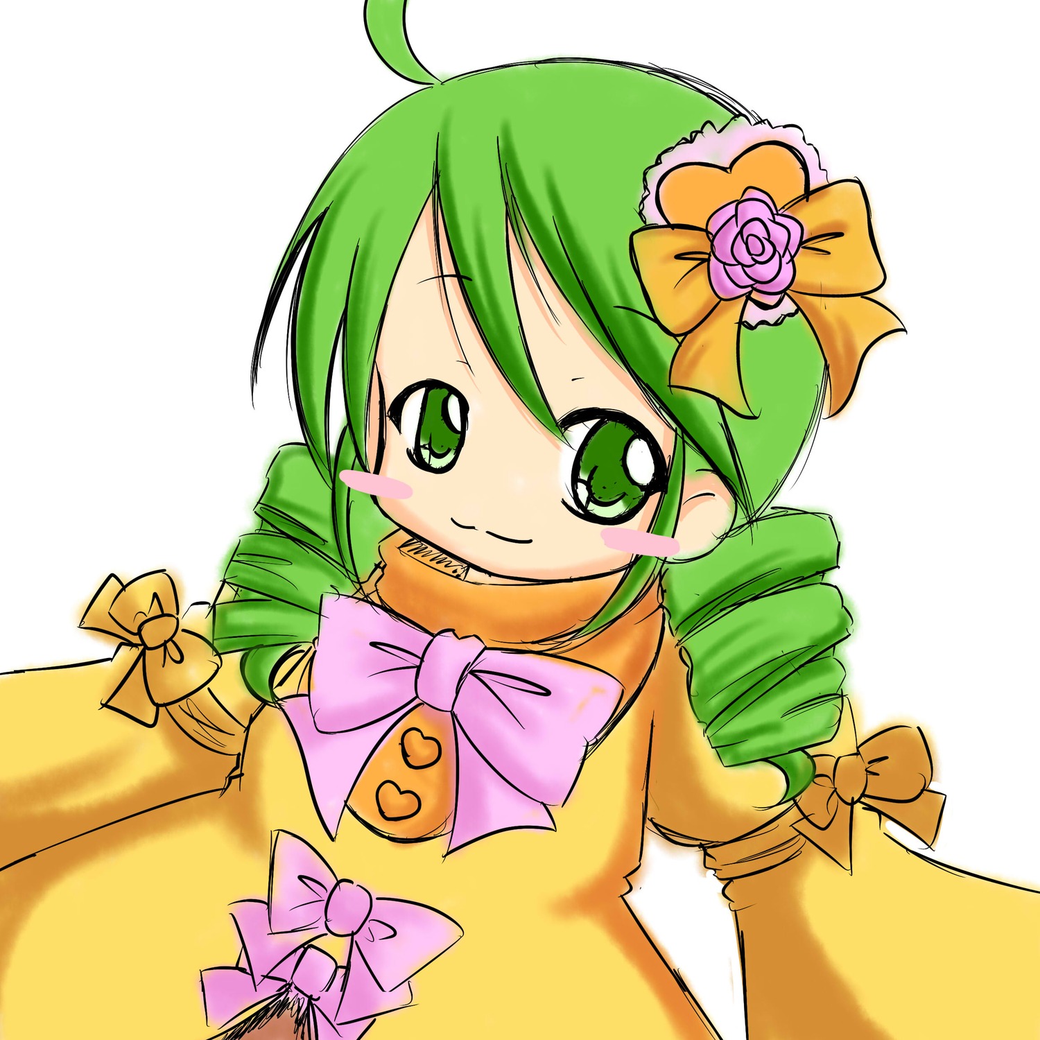 1girl ahoge bow drill_hair flower green_eyes green_hair hair_ornament image kanaria solo twin_drills yellow_bow yellow_dress