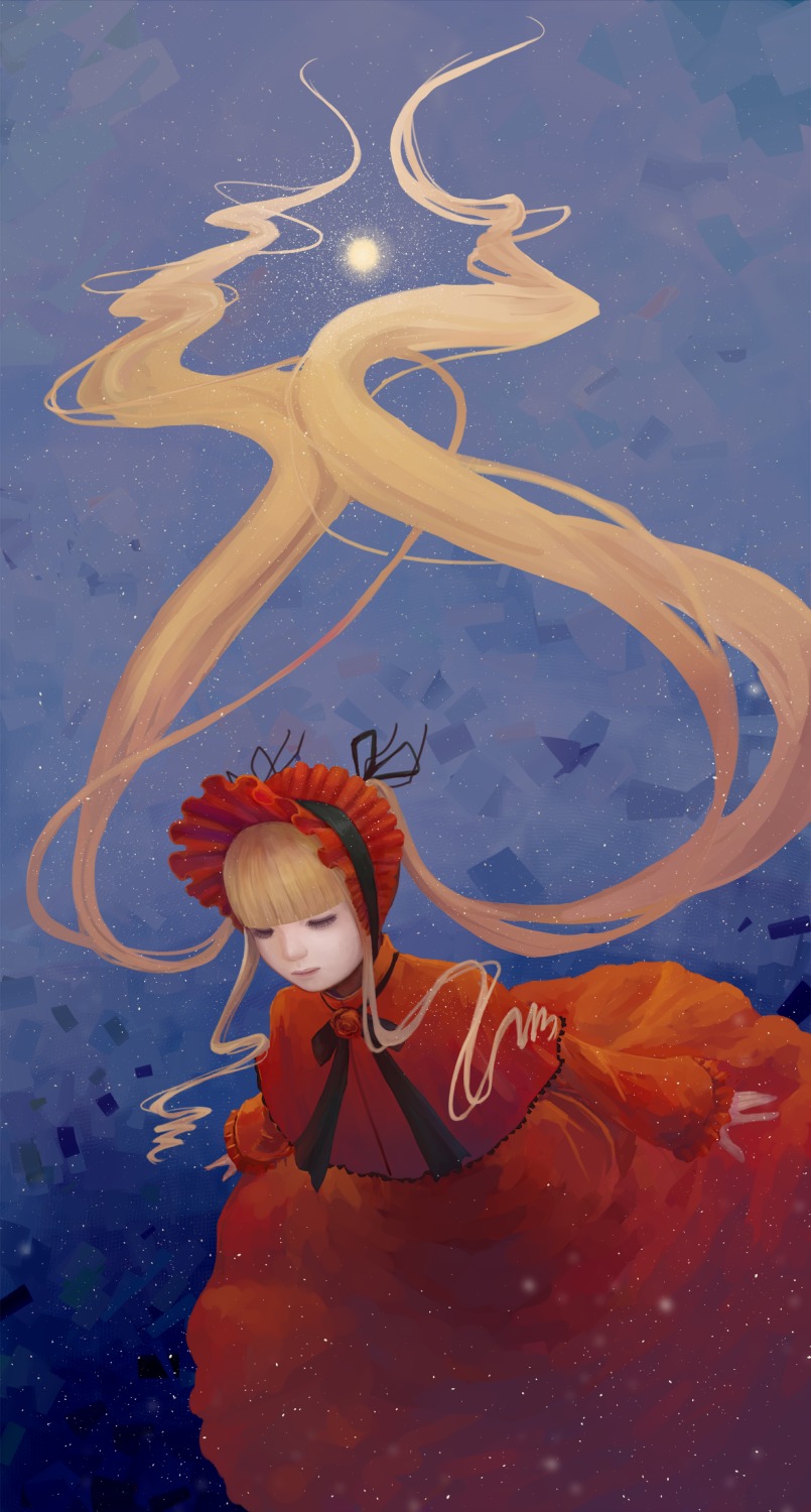 1girl absurdly_long_hair blonde_hair bonnet bow capelet closed_eyes dress image long_hair long_sleeves red_dress ribbon shinku solo twintails very_long_hair