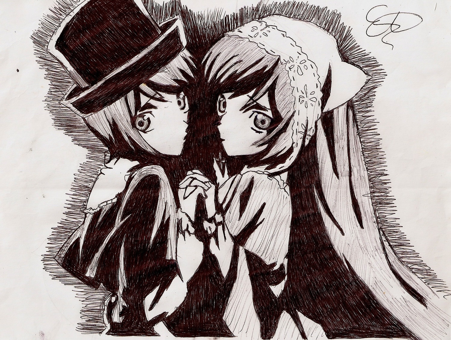 2girls dress hat holding_hands image interlocked_fingers long_hair long_sleeves looking_at_viewer monochrome multiple_girls pair short_hair siblings sisters souseiseki suiseiseki yuri