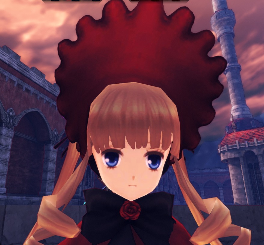 1girl bangs blonde_hair blue_eyes blunt_bangs bonnet brown_hair building dress expressionless flower image long_hair red_dress red_flower red_rose rose shinku sky solo twintails