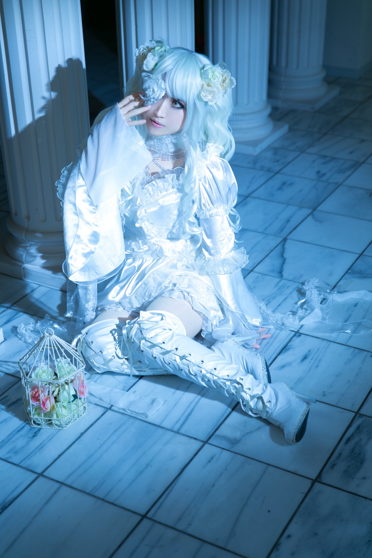 1girl blue_eyes dress flower hair_flower hair_ornament kirakishou long_hair sitting solo thighhighs tile_floor tiles white_dress white_hair