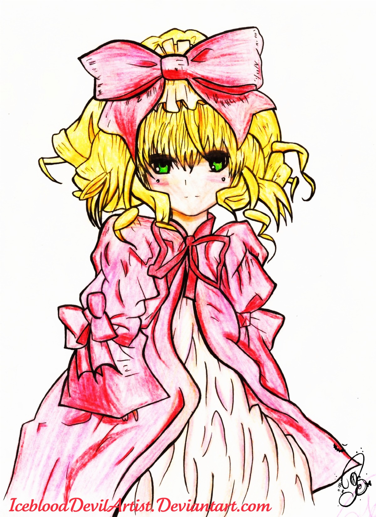 1girl blonde_hair blush bow dress drill_hair green_eyes hair_bow hina_ichigo hinaichigo image long_sleeves looking_at_viewer pink_bow pink_dress short_hair solo