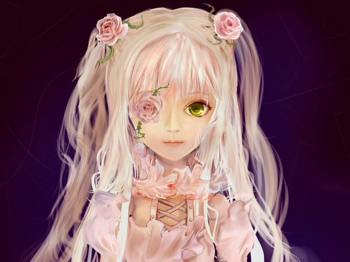 1girl commentary_request doll dress eyepatch flower frills green_eyes hair_flower hair_ornament image kirakishou long_hair mkumku pink_flower pink_hair pink_rose rose rozen_maiden solo thorns twintails upper_body vines yellow_eyes