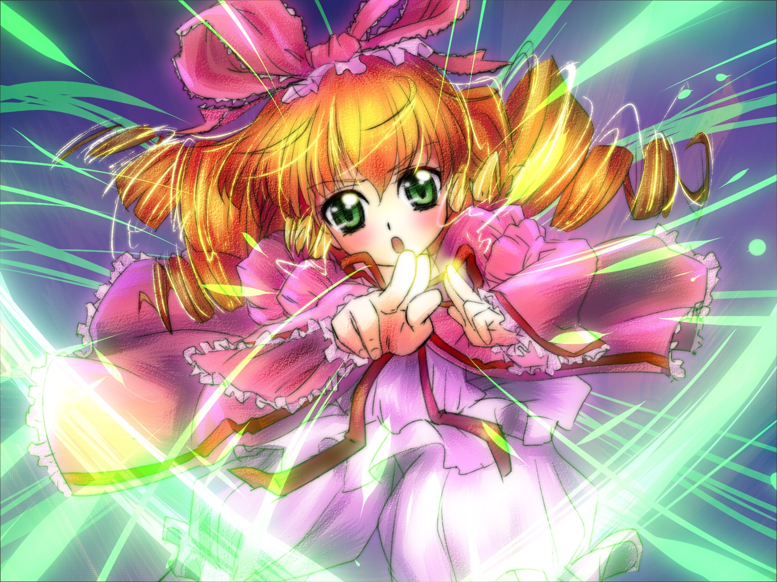 1girl :o blonde_hair blush bow dress drill_hair frilled_sleeves frills green_eyes hina_ichigo hinaichigo image long_sleeves looking_at_viewer pink_bow solo twin_drills wide_sleeves