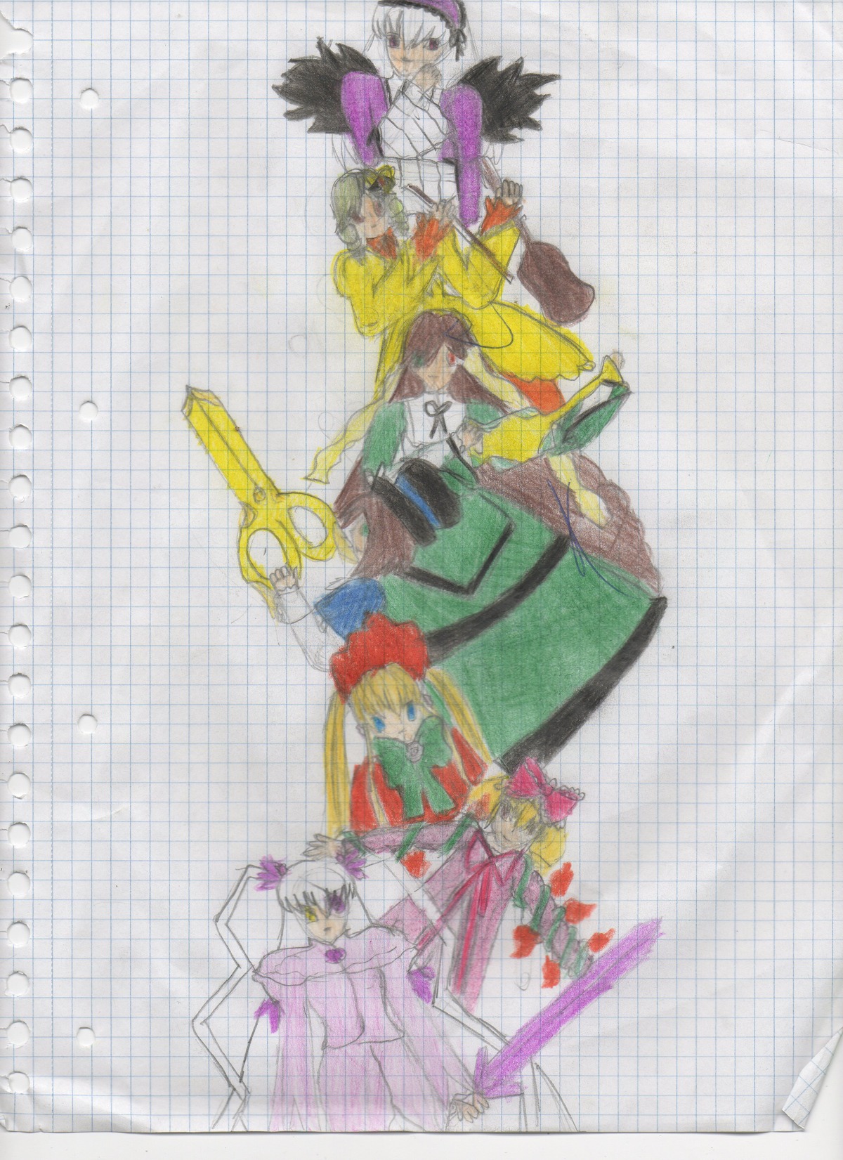 black_wings blonde_hair blue_eyes bow chain-link_fence dress fence image long_hair long_sleeves looking_at_viewer multiple multiple_boys multiple_girls pants shinku sitting spiked_hair standing suigintou tagme tiles twintails very_long_hair wings