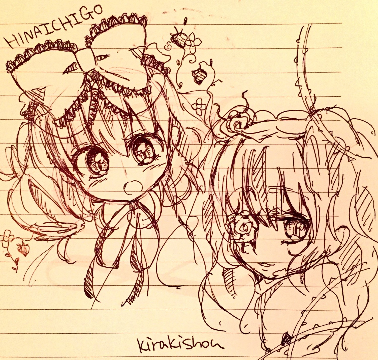 2girls blush hinaichigo image kirakishou monochrome multiple_girls open_mouth pair short_hair sketch tears twintails