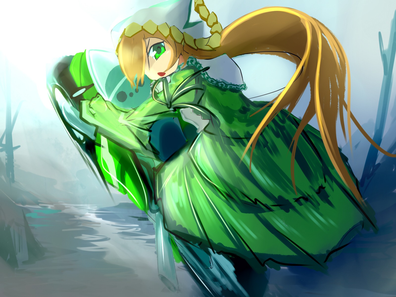 1girl blonde_hair braid dress green_dress green_eyes hair_over_one_eye image long_hair long_sleeves open_mouth solo suiseiseki very_long_hair water weapon