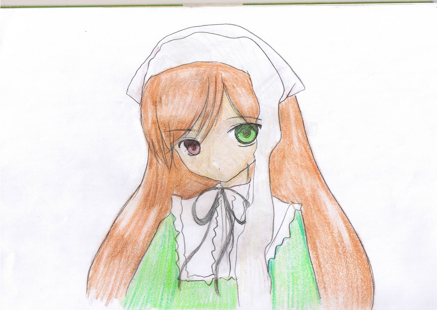 1girl bangs brown_hair dress green_eyes heterochromia image long_hair looking_at_viewer red_eyes simple_background solo suiseiseki upper_body white_background