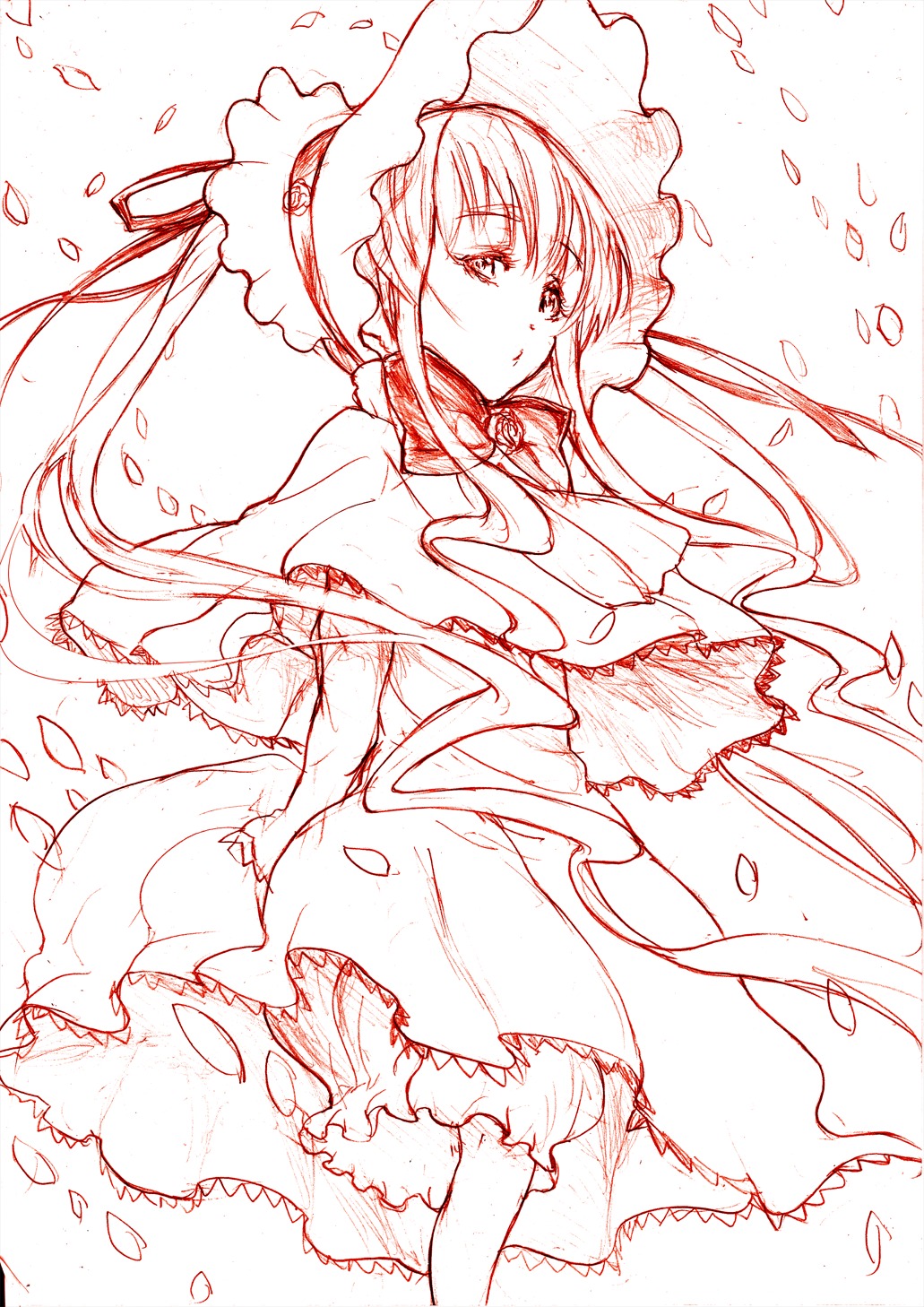 1girl bonnet dress flower frills hat image long_hair long_sleeves looking_at_viewer monochrome petals shinku solo twintails