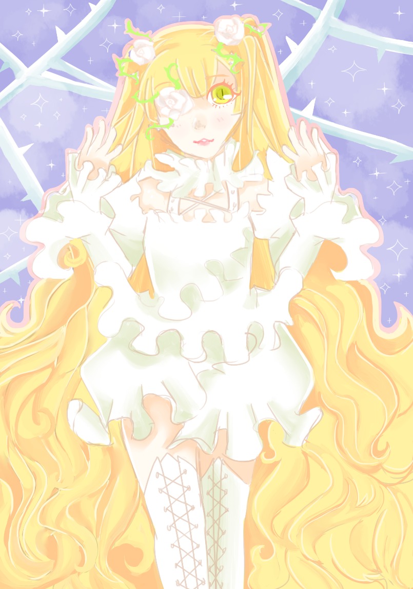 1girl blonde_hair boots cross-laced_footwear dress eyepatch flower frills green_eyes hair_flower hair_ornament image kirakishou long_hair rose solo sparkle thigh_boots thighhighs very_long_hair