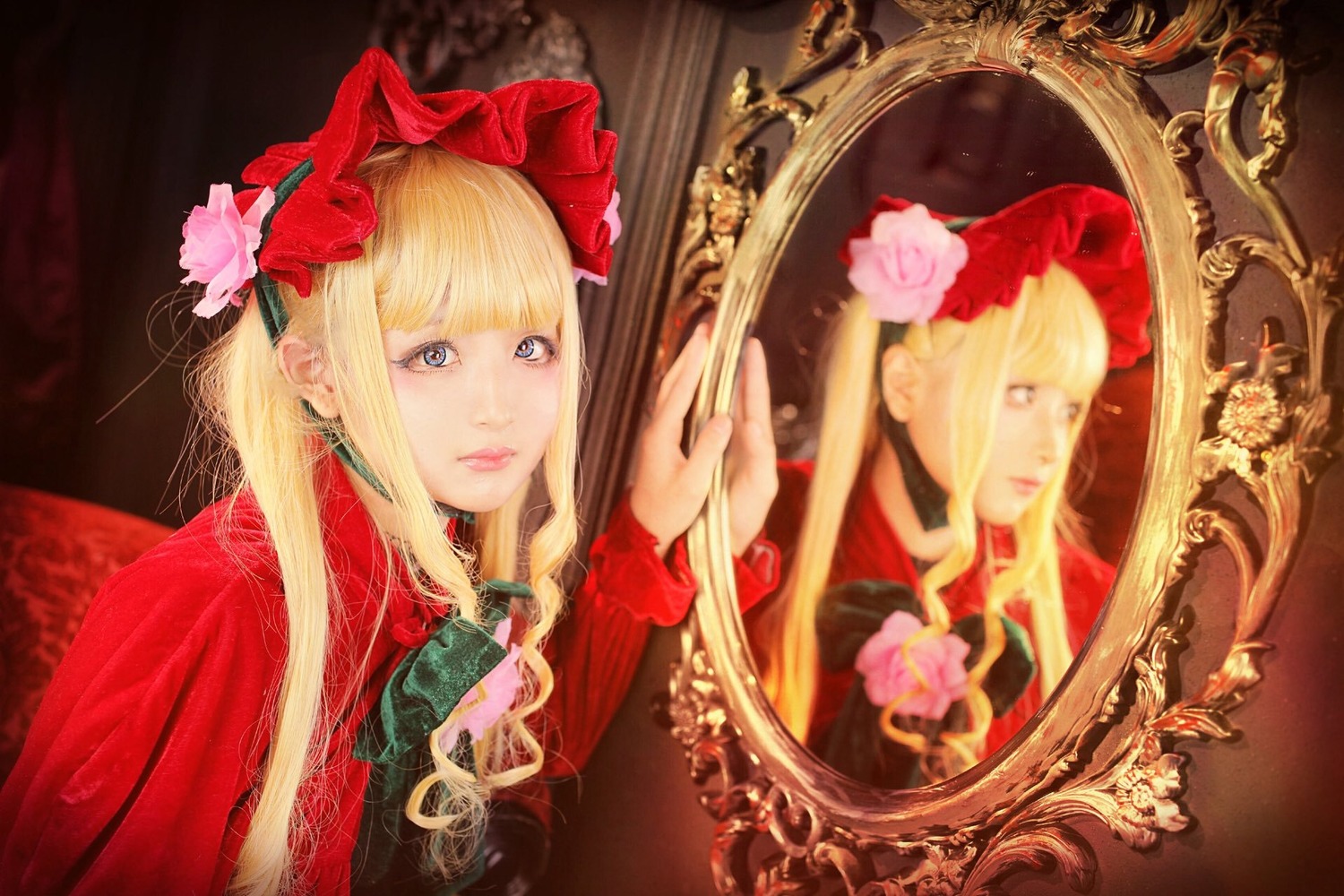 1girl bangs blonde_hair blue_eyes bow curtains flower hair_flower hair_ornament jewelry lips long_hair looking_at_viewer mirror realistic rose shinku solo