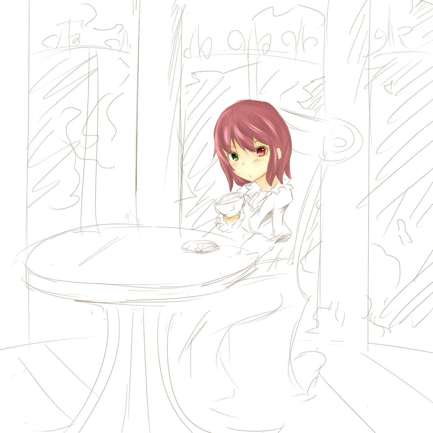 1girl dress green_eyes heterochromia image long_sleeves looking_at_viewer red_eyes short_hair solo souseiseki suiseiseki