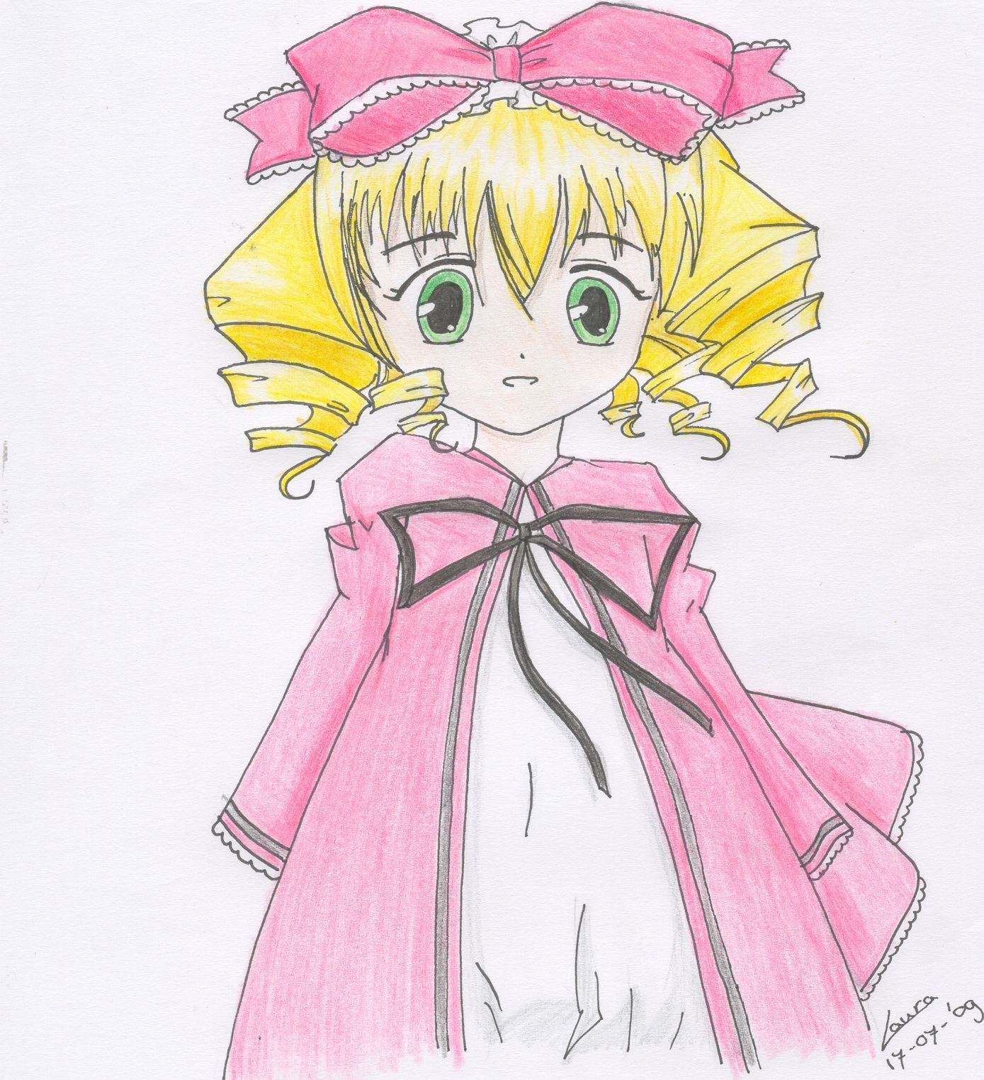 1girl blonde_hair bow dress drill_hair eyebrows_visible_through_hair green_eyes hina_ichigo hinaichigo image long_sleeves looking_at_viewer pink_bow ribbon simple_background solo traditional_media white_background
