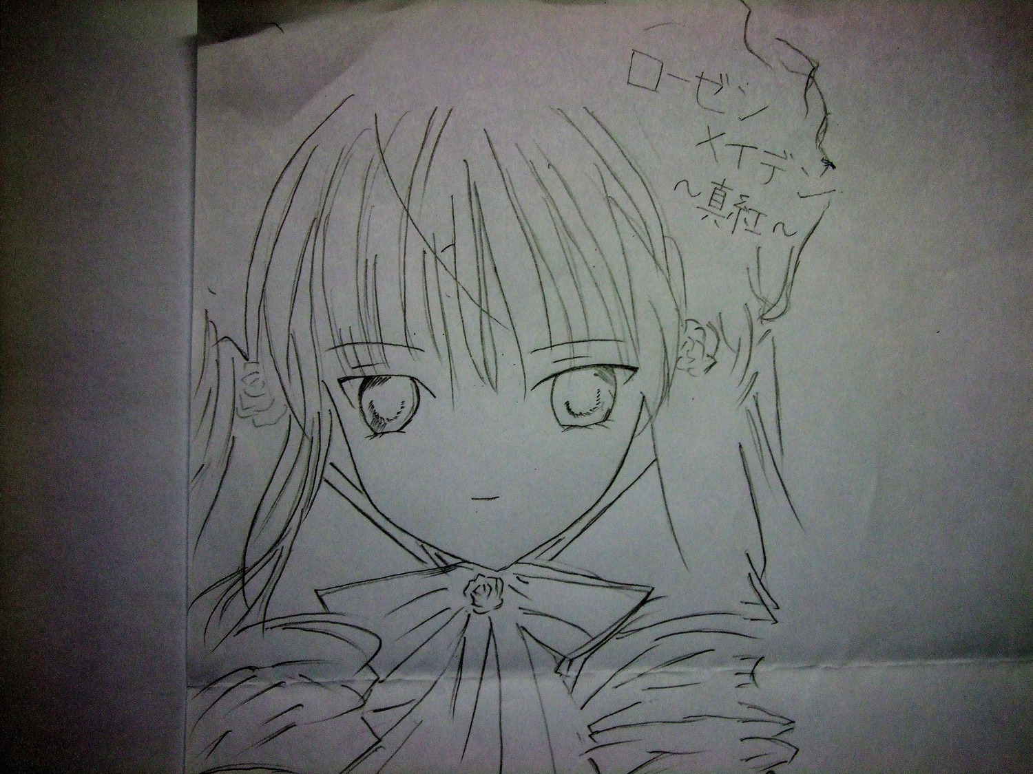 1girl bangs bow closed_mouth eyebrows_visible_through_hair greyscale hair_between_eyes image long_hair long_sleeves looking_at_viewer monochrome photo shinku smile solo traditional_media upper_body